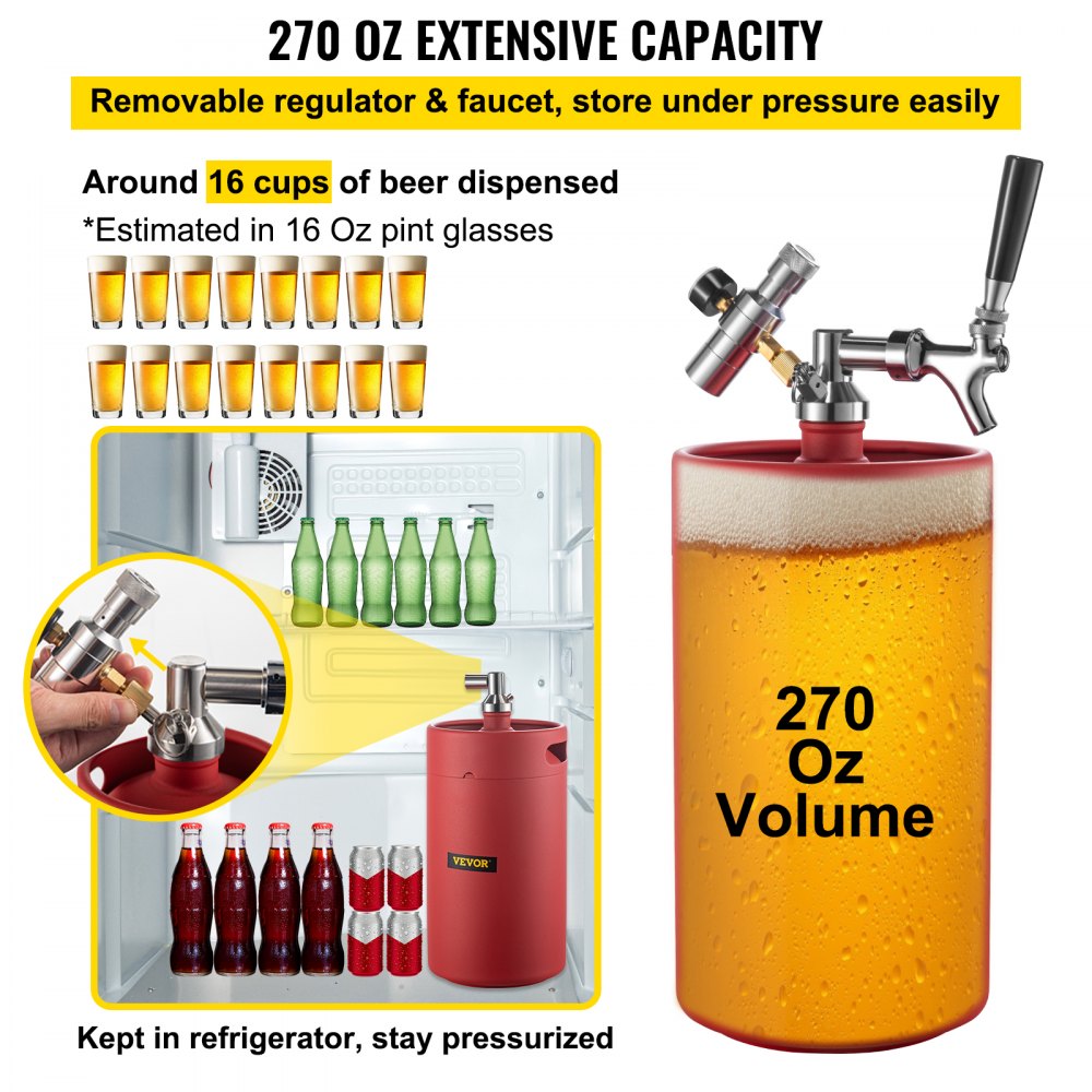 VEVOR Beer Growler Tap System, 270Oz Mini Keg, 8L Pressurized Beer Growler, 304 Stainless Steel Mini Keg Growler, Comes with Dual Pressure Display CO2 Regulator Faucet 20" Beer Hose Relief Ring, Red