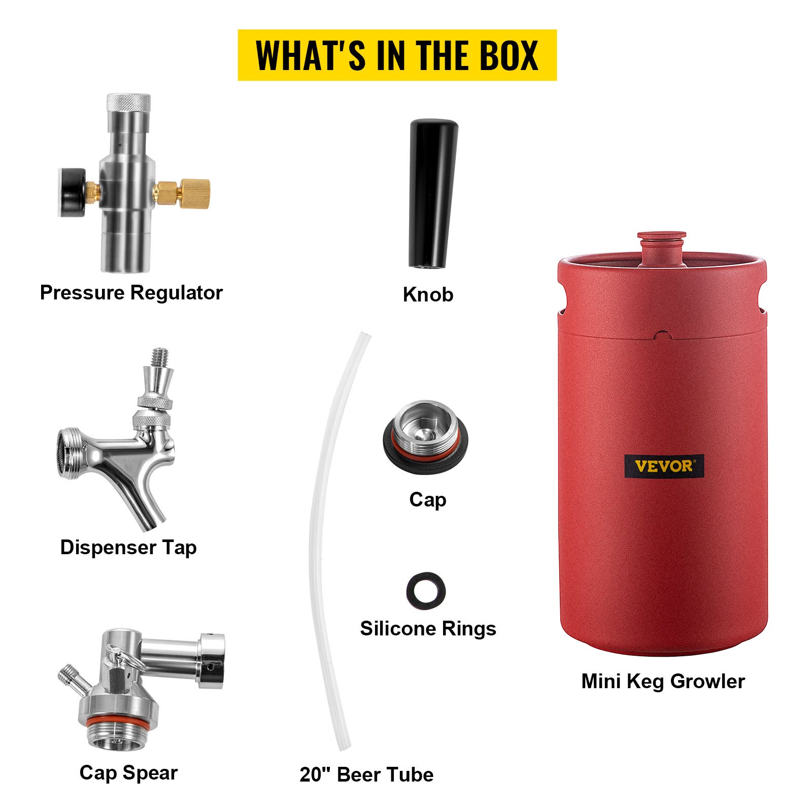 VEVOR Beer Growler Tap System, 270Oz Mini Keg, 8L Pressurized Beer Growler, 304 Stainless Steel Mini Keg Growler, Comes with Dual Pressure Display CO2 Regulator Faucet 20" Beer Hose Relief Ring, Red
