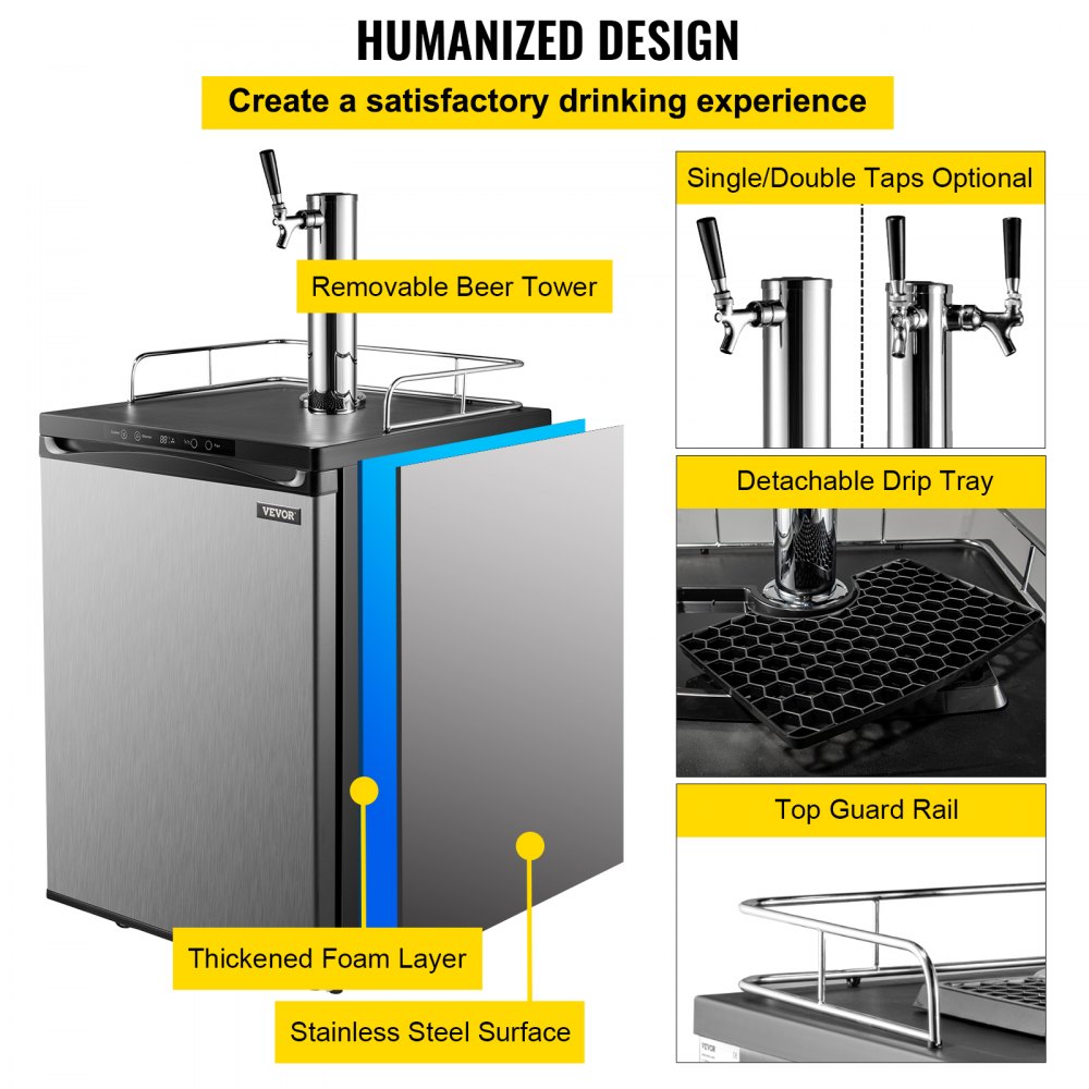 VEVOR Kegerators Beer Dispenser, Full Size Beer Kegerator Refrigerator, Single Tap Direct Draw Beer Dispenser w/LED Display, 23-83℉ Adjustable Dual Kegerator w/Complete Accessories, Stainless Steel