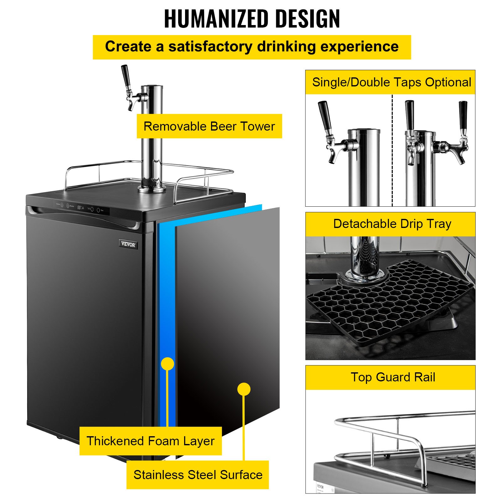 VEVOR Kegerators Beer Dispenser, Full Size Beer Kegerator Refrigerator, Single Tap Direct Draw Beer Dispenser w/LED Display, 23-83℉ Adjustable Dual Kegerator w/Complete Accessories, Black