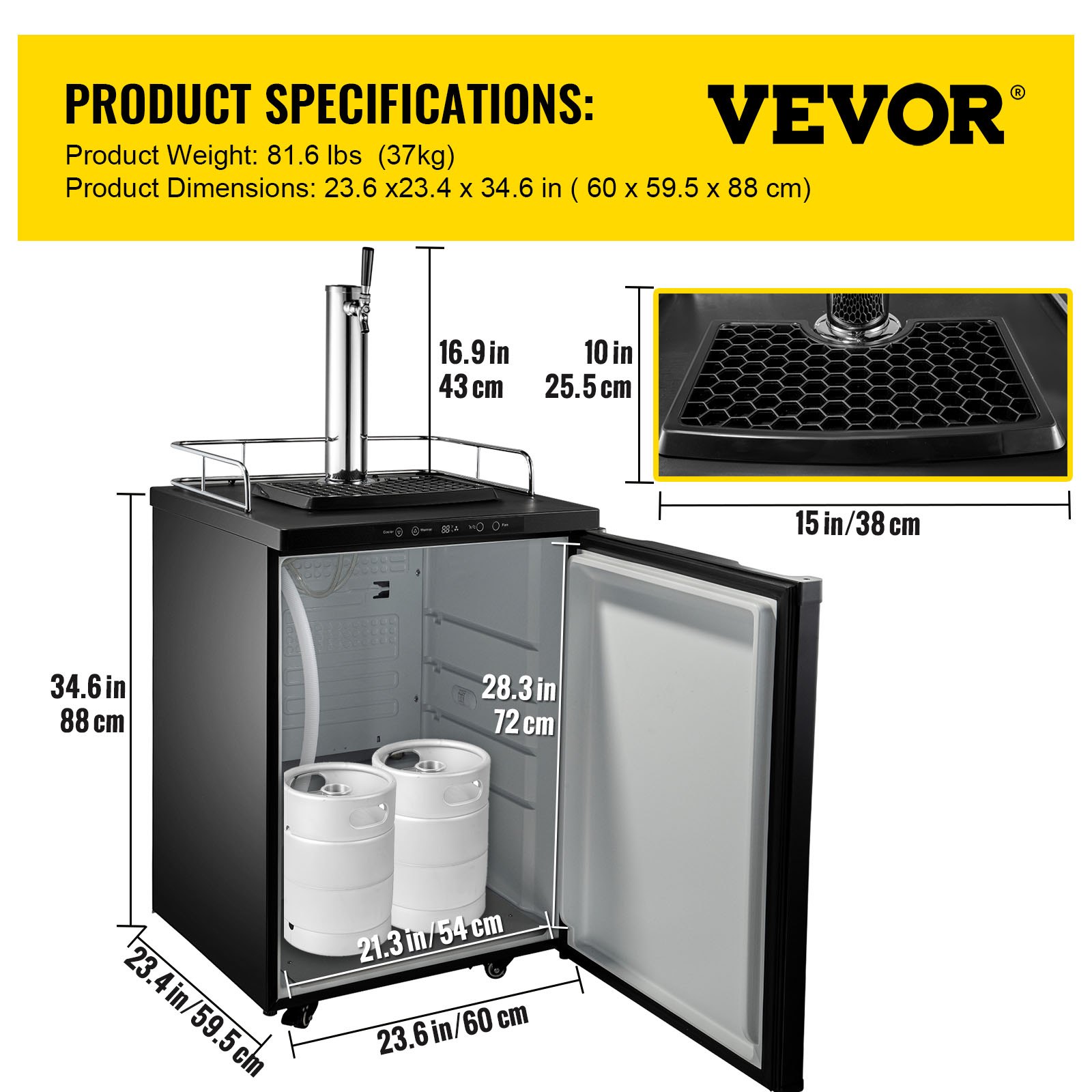 VEVOR Kegerators Beer Dispenser, Full Size Beer Kegerator Refrigerator, Single Tap Direct Draw Beer Dispenser w/LED Display, 23-83℉ Adjustable Dual Kegerator w/Complete Accessories, Black