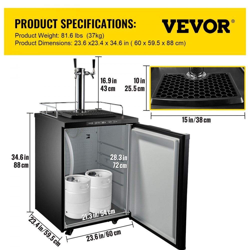 VEVOR Kegerators Beer Dispenser, Full Size Beer Kegerator Refrigerator, Double Taps Direct Draw Beer Dispenser w/LED Display, 23-83℉ Adjustable Dual Kegerator w/Complete Accessories, Black
