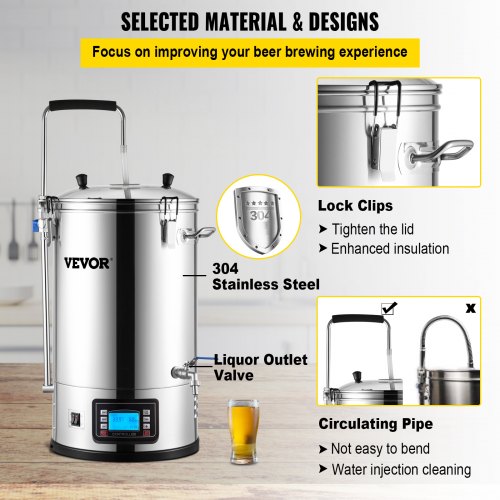 VEVOR Electric Brewing System, 9.2 Gal/35 L Brewing Pot, All-in-One Home Beer Brewer w/Pump, Mash Boil Device w/Panel, Auto/Manual Mode 100-1800W Power 25-100℃ Temp 1-180 min Timer Recipe Memory