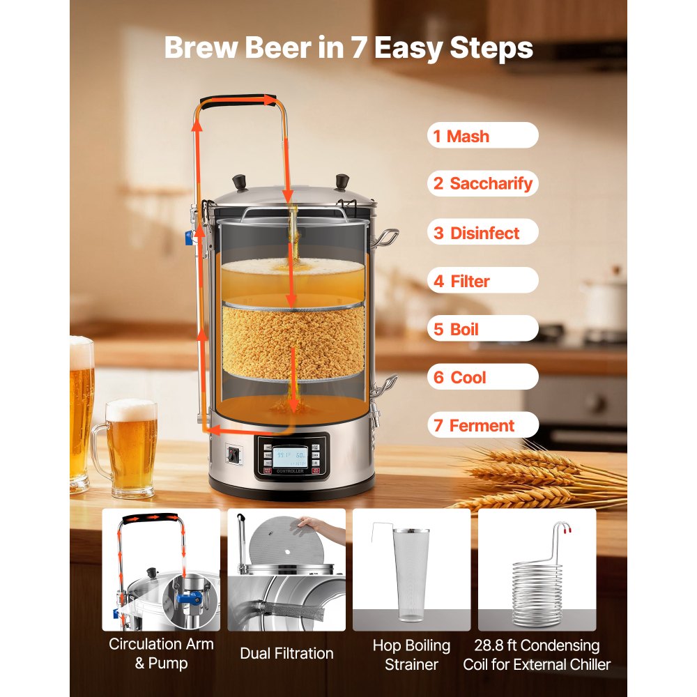 VEVOR Electric Brewing System, 9.2 Gal/35 L Brewing Pot, All-in-One Home Beer Brewer with Pump, Mash Boil Device with Panel, Auto/Manual Mode 100-1800W Power 25-100℃ Temp 1-180 min Timer Recipe Memory