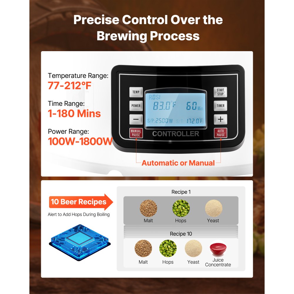 VEVOR Electric Brewing System, 9.2 Gal/35 L Brewing Pot, All-in-One Home Beer Brewer with Pump, Mash Boil Device with Panel, Auto/Manual Mode 100-1800W Power 25-100℃ Temp 1-180 min Timer Recipe Memory