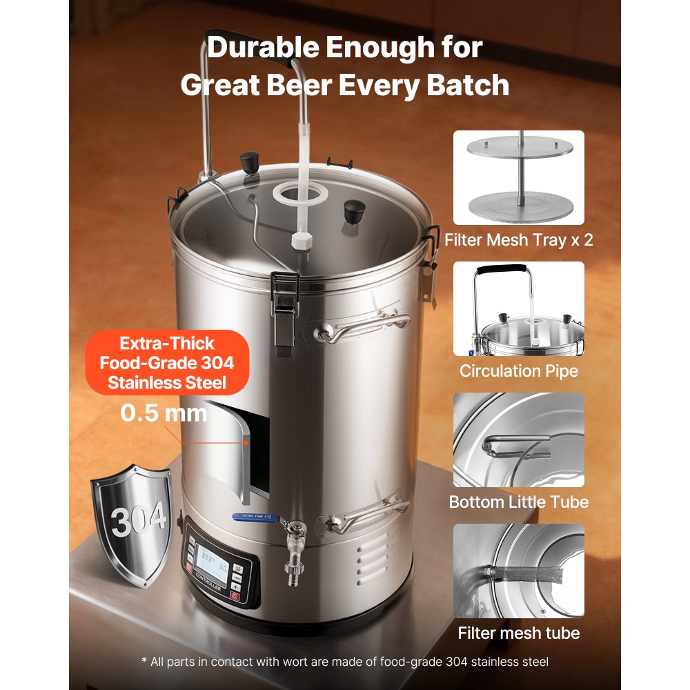 VEVOR Electric Brewing System, 9.2 Gal/35 L Brewing Pot, All-in-One Home Beer Brewer with Pump, Mash Boil Device with Panel, Auto/Manual Mode 100-1800W Power 25-100℃ Temp 1-180 min Timer Recipe Memory