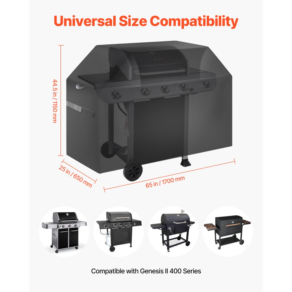 VEVOR Grill Cover, 65 inch BBQ Covers for Outdoor Grills, Waterproof, Fade Resistant, Weather Resistant Heavy Duty 600D Polyester, Easy On/Off, with Hook-and-Loop Straps, Black