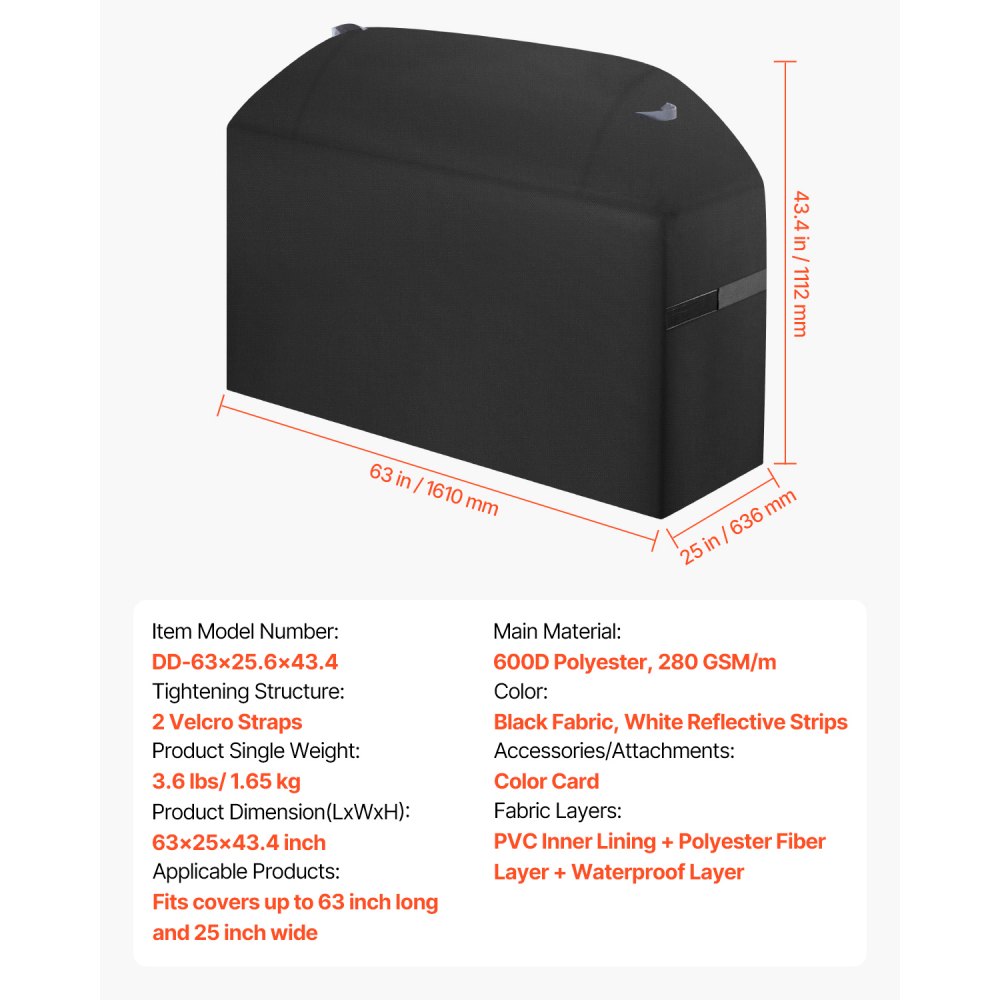 VEVOR Grill Cover, 63 inch BBQ Covers for Outdoor Grills, Waterproof, Fade Resistant, Weather Resistant Heavy Duty 600D Polyester, Easy On/Off, with Hook-and-Loop Straps, Black