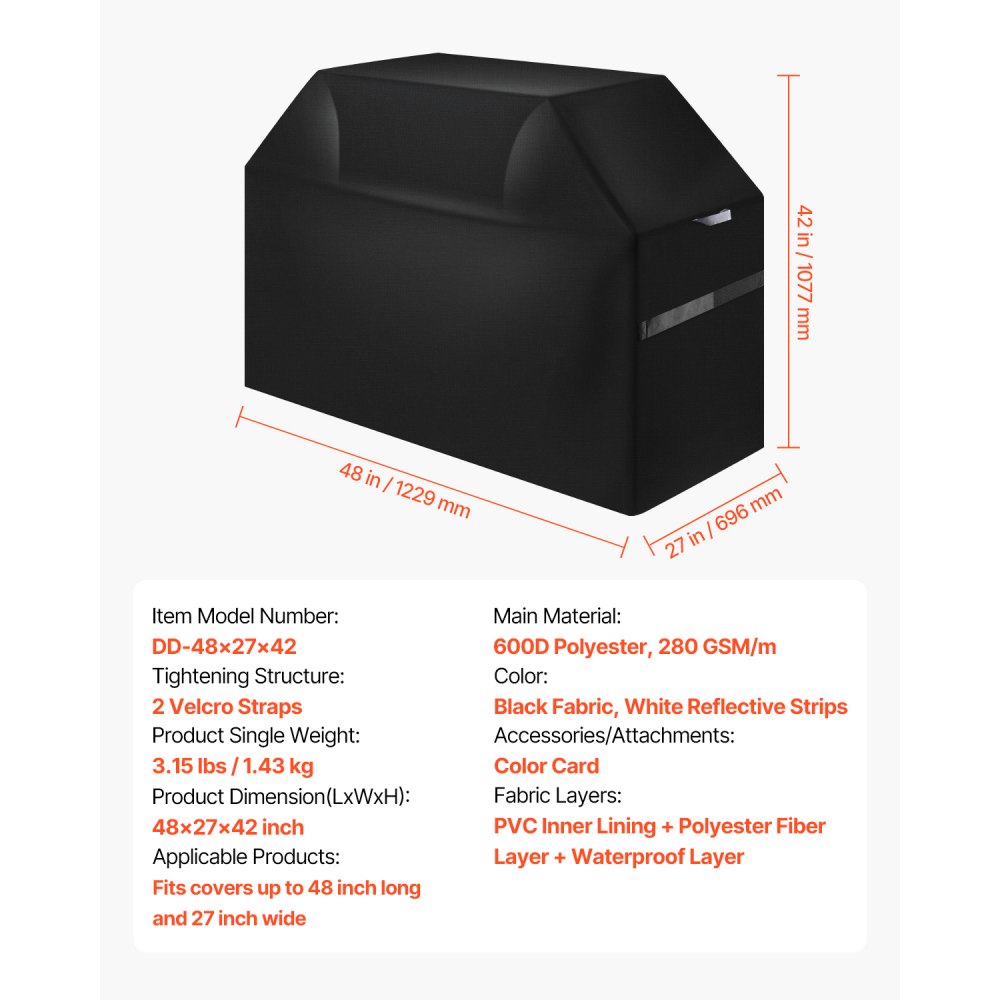 VEVOR Grill Cover, 48 inch BBQ Covers for Outdoor Grills, Waterproof, Fade Resistant, Weather Resistant Heavy Duty 600D Polyester, Easy On/Off, with Hook-and-Loop Straps, Black