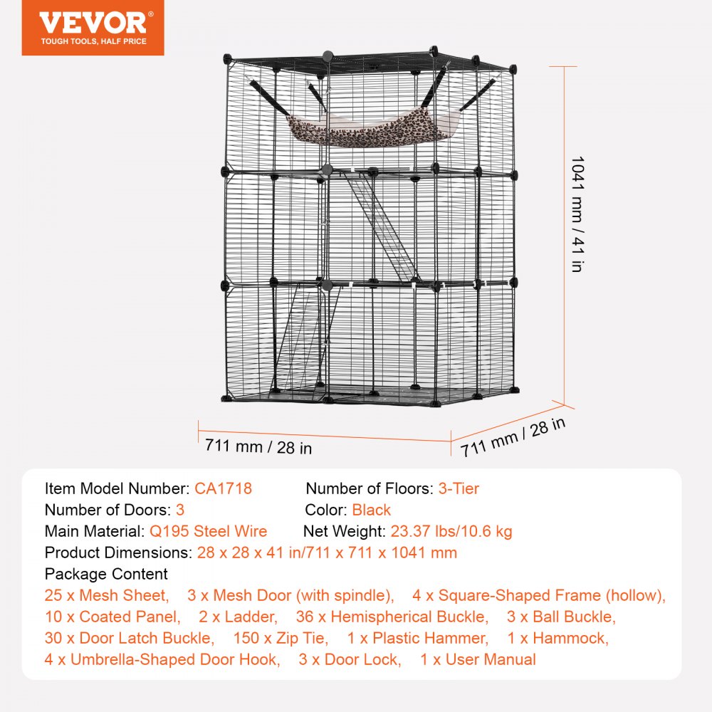 VEVOR Large 3-tier Cat Cage, 28 x 28 x 41", DIY Detachable Metal Wire Durable Cat Enclosure, with Large Hammock 2 Ramp Ladders, Fit for Cats Exercise Indoor ＆ Outdoor, Ease of Assembly, Black