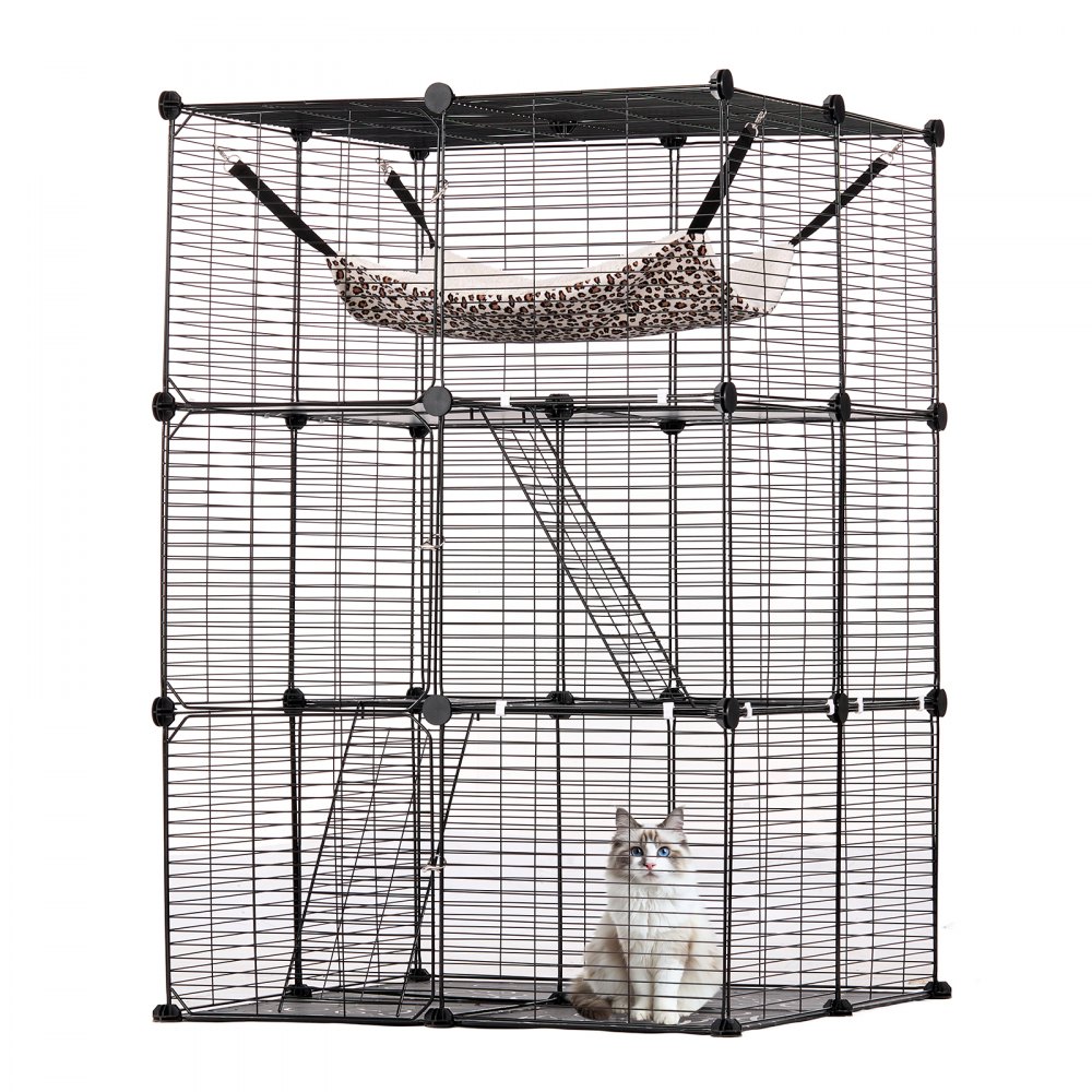 VEVOR Large 3-tier Cat Cage 28 x 28 x 41" Metal Wire Playpen Catio with Hammock