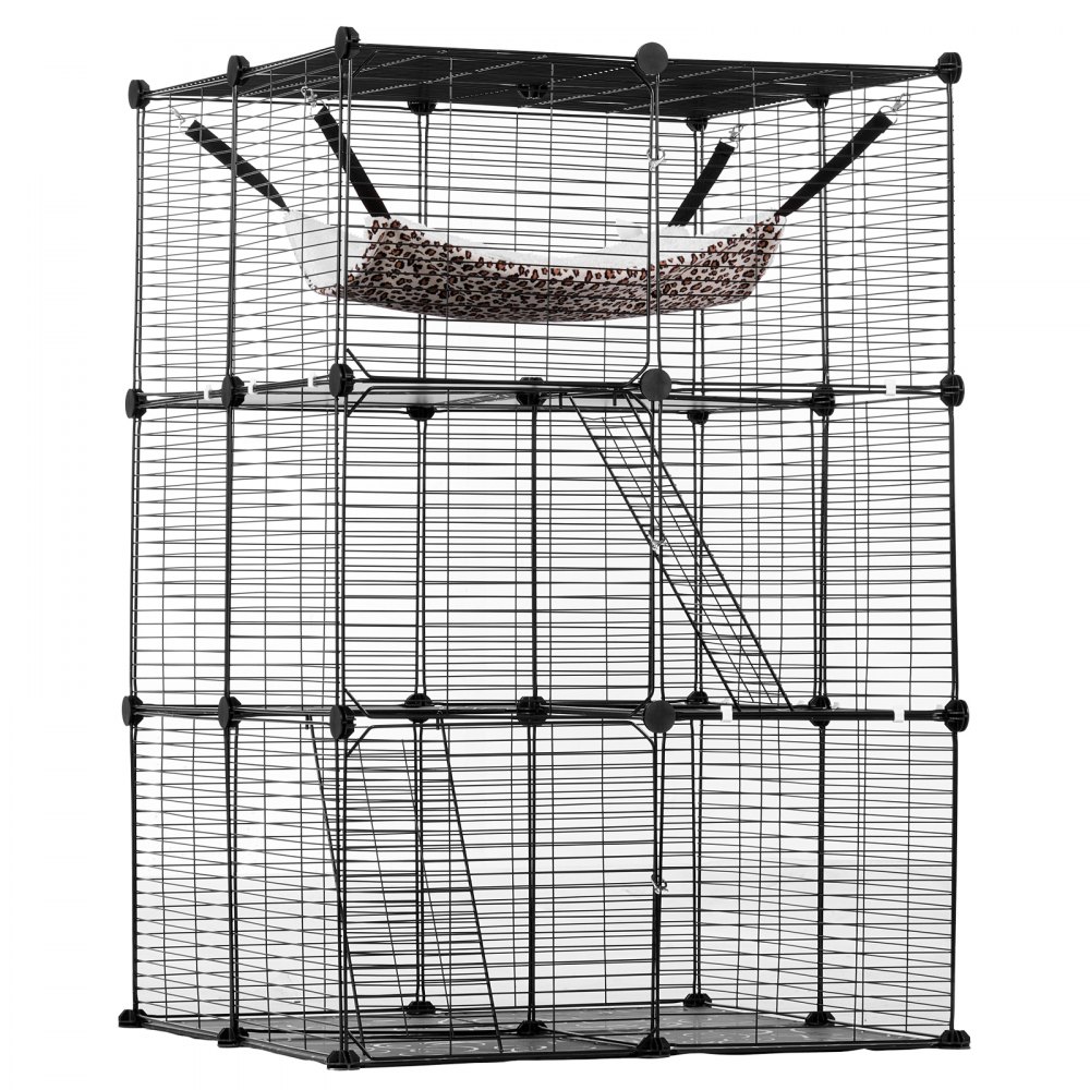 VEVOR Large 3-tier Cat Cage, 28 x 28 x 41", DIY Detachable Metal Wire Durable Cat Enclosure, with Large Hammock 2 Ramp Ladders, Fit for Cats Exercise Indoor ＆ Outdoor, Ease of Assembly, Black