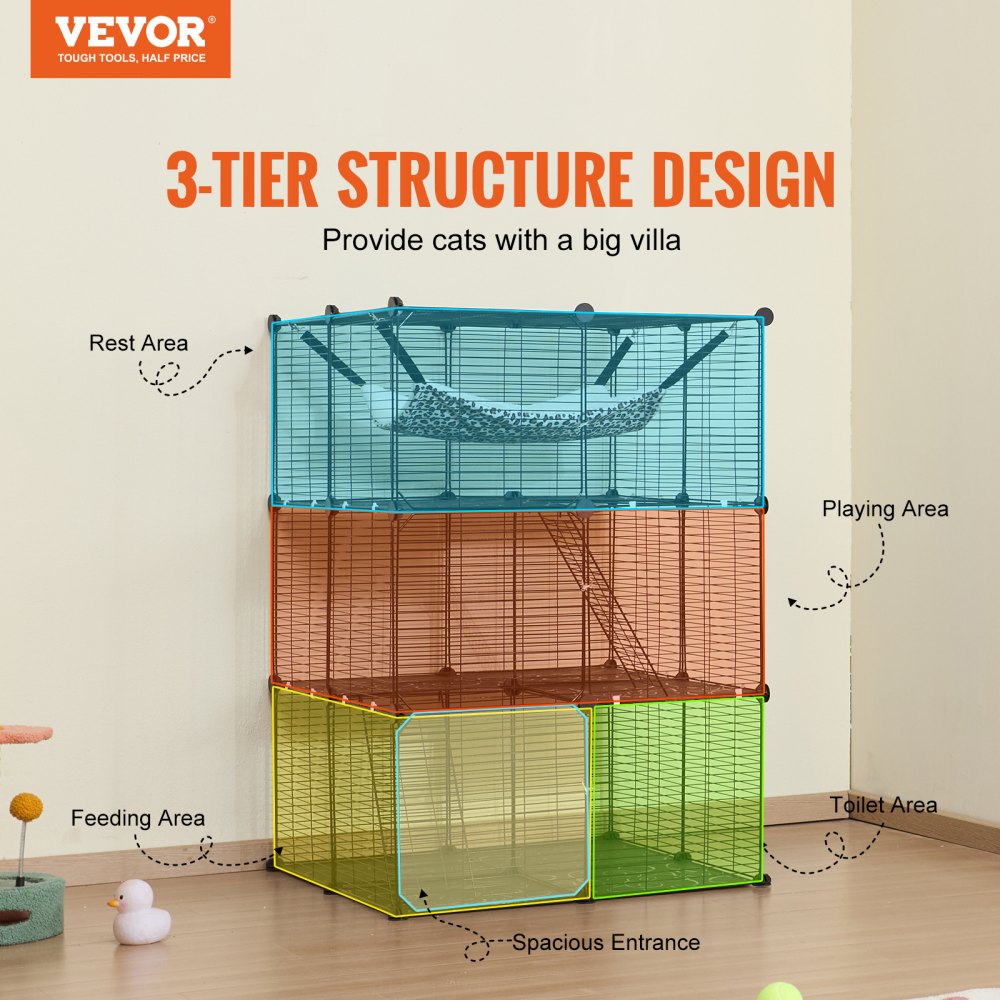 VEVOR Large 3-tier Cat Cage, 28 x 28 x 41", DIY Detachable Metal Wire Durable Cat Enclosure, with Large Hammock 2 Ramp Ladders, Fit for Cats Exercise Indoor ＆ Outdoor, Ease of Assembly, Black