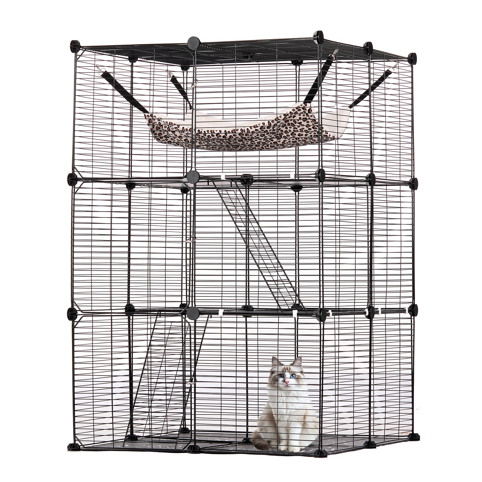 VEVOR Large 3-tier Cat Cage, 28 x 28 x 41", DIY Detachable Metal Wire Durable Cat Enclosure, with Large Hammock 2 Ramp Ladders, Fit for Cats Exercise Indoor ＆ Outdoor, Ease of Assembly, Black