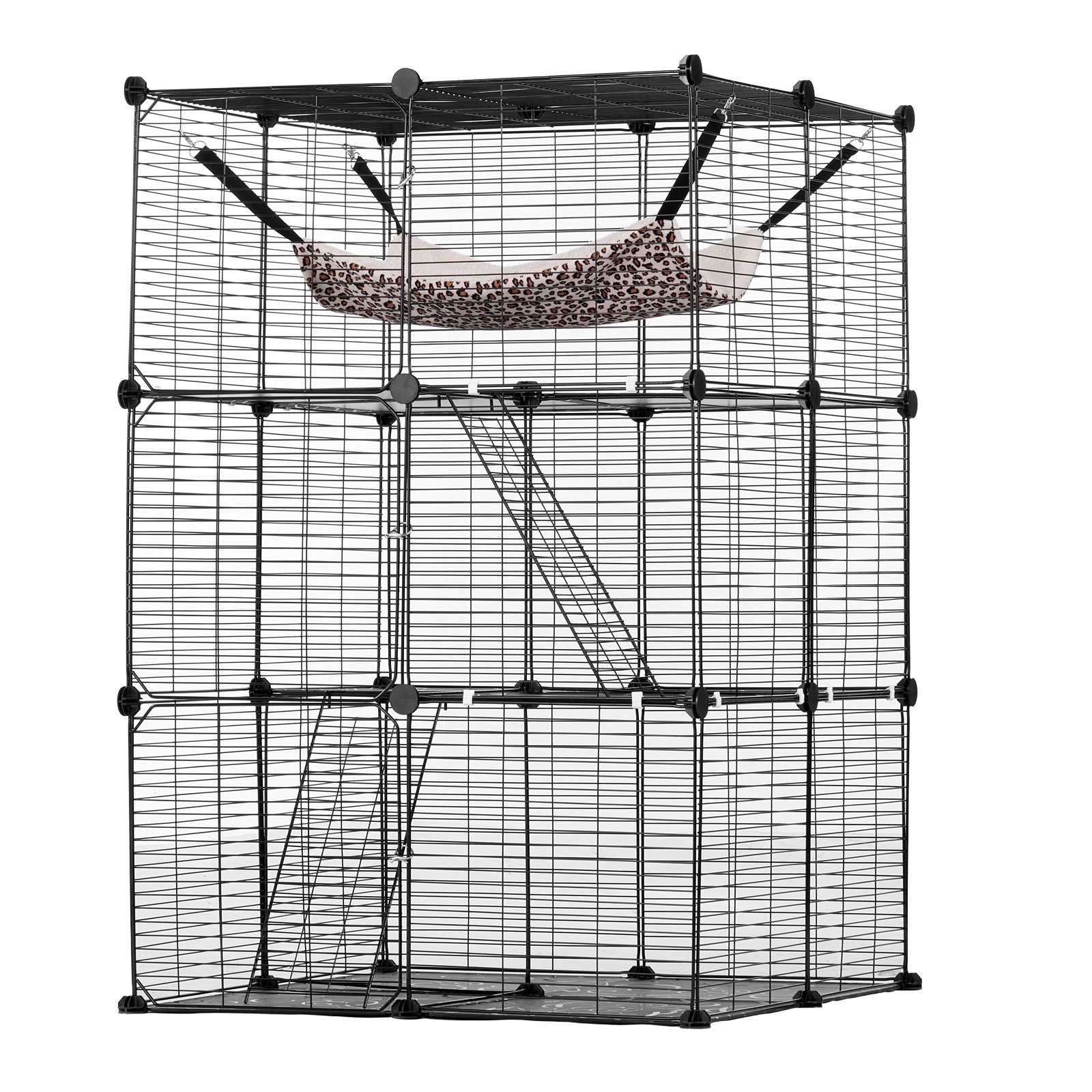 VEVOR Large 3-tier Cat Cage, 28 x 28 x 41", DIY Detachable Metal Wire Durable Cat Enclosure, with Large Hammock 2 Ramp Ladders, Fit for Cats Exercise Indoor ＆ Outdoor, Ease of Assembly, Black
