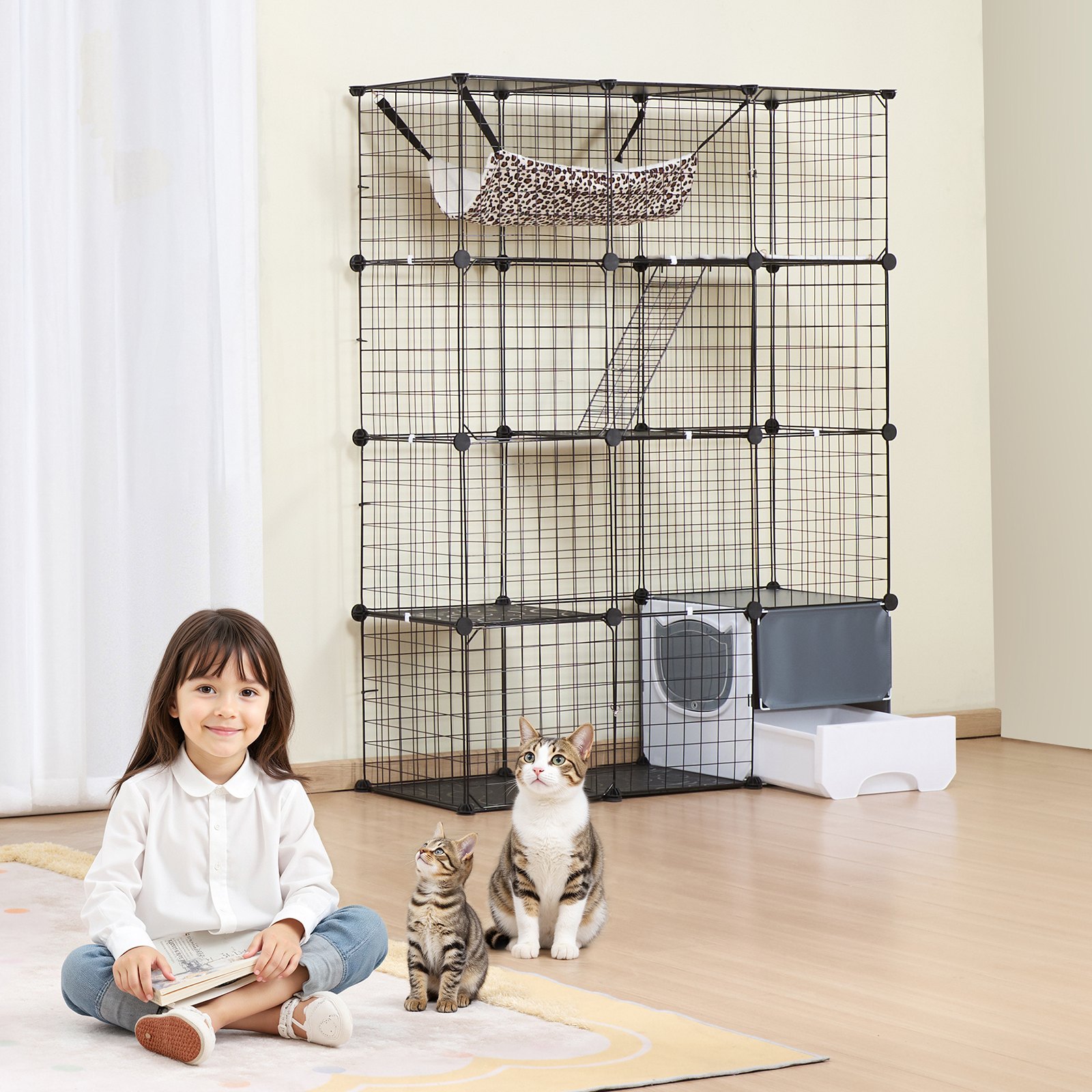 VEVOR Large 4-tier Cat Cage, 41 x 14 x 55", Detachable Metal Wire Cat Enclosure, with Litter Box Hammock Ramp ladders, Indoor & Outdoor Crate Exercise Place Ideal for Kitty, Small Animals, Black