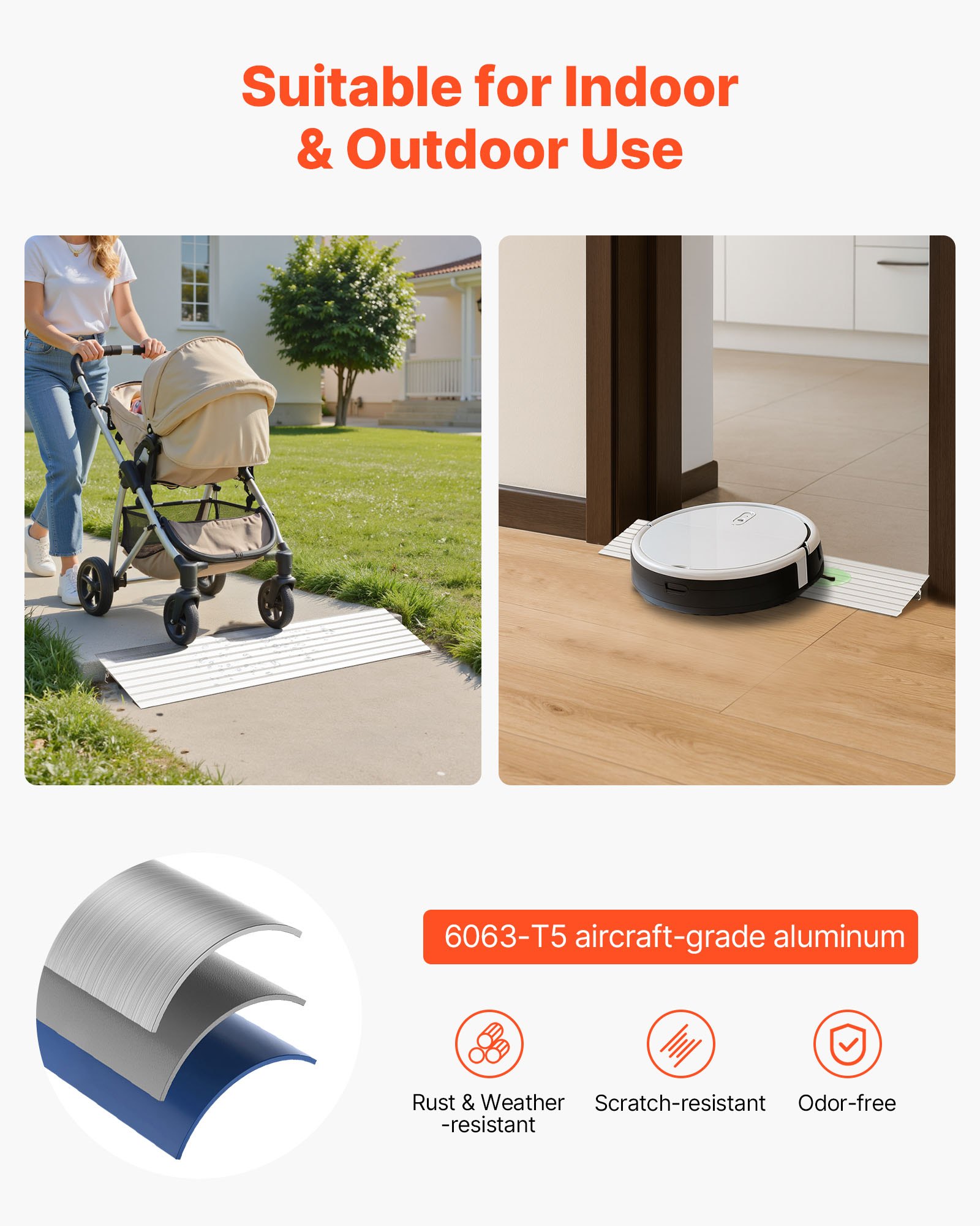 VEVOR Door Threshold Ramp, 1 inch Rise, Aluminum Alloy Threshold Ramp Rated 800 lbs Load Capacity, Handicap Ramps for Home Steps for Wheelchair, Scooters, Power Chairs, Walkers, Bicycle, Tricycle