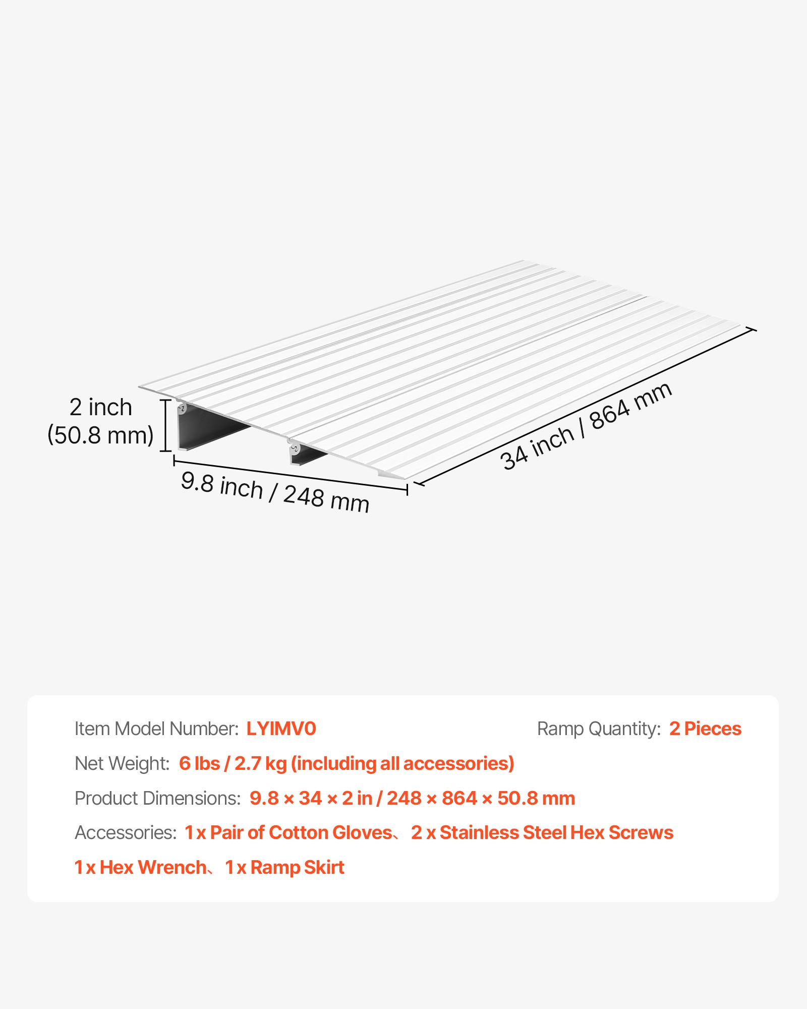 VEVOR Door Threshold Ramp, 2 inch Rise, Aluminum Alloy Threshold Ramp Rated 800 lbs Load Capacity, Handicap Ramps for Home Steps for Wheelchair, Scooters, Power Chairs, Walkers, Bicycle, Tricycle