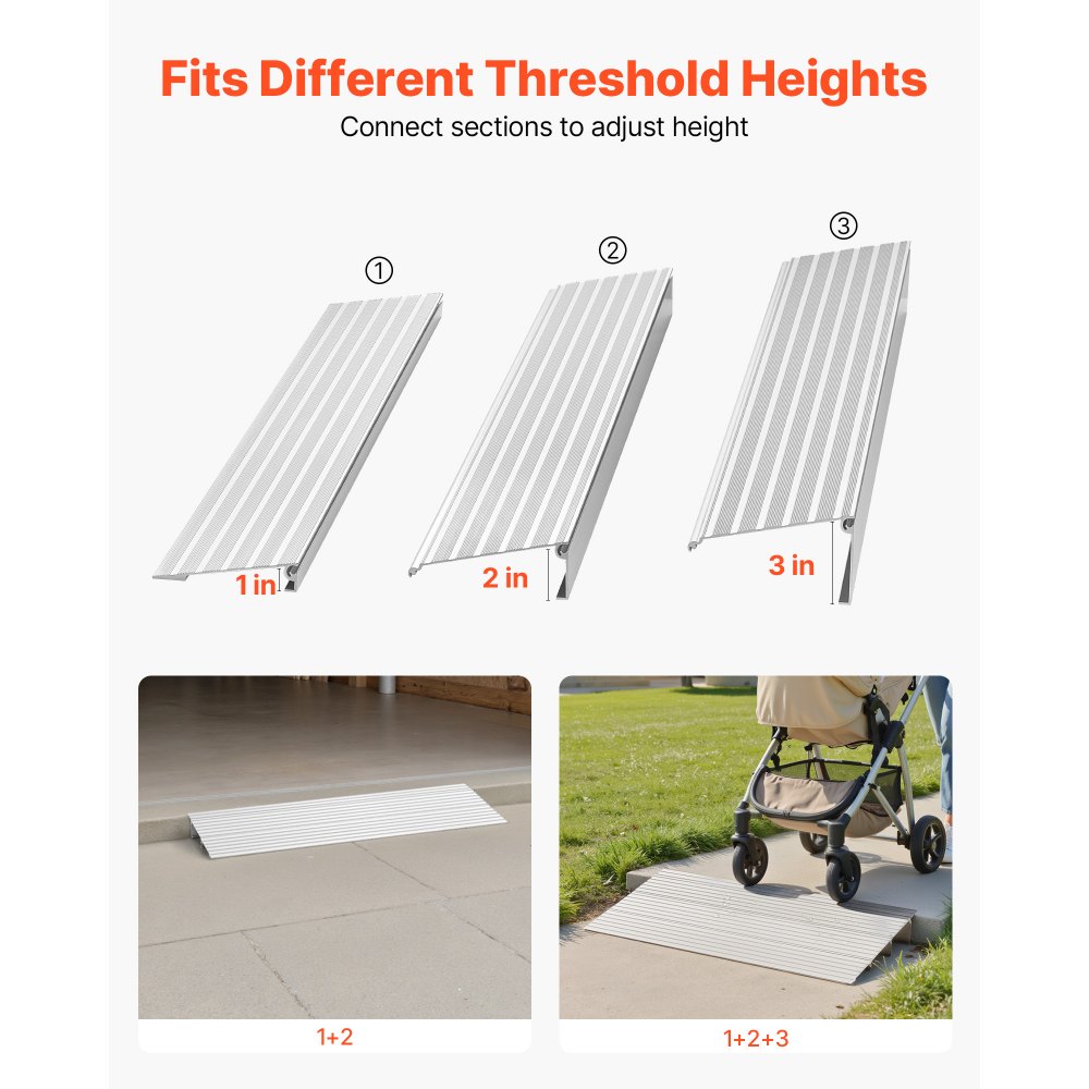 VEVOR Door Threshold Ramp, 3 inch Rise, Aluminum Alloy Threshold Ramp Rated 800 lbs Load Capacity, Handicap Ramps for Home Steps for Wheelchair, Scooters, Power Chairs, Walkers, Bicycle, Tricycle