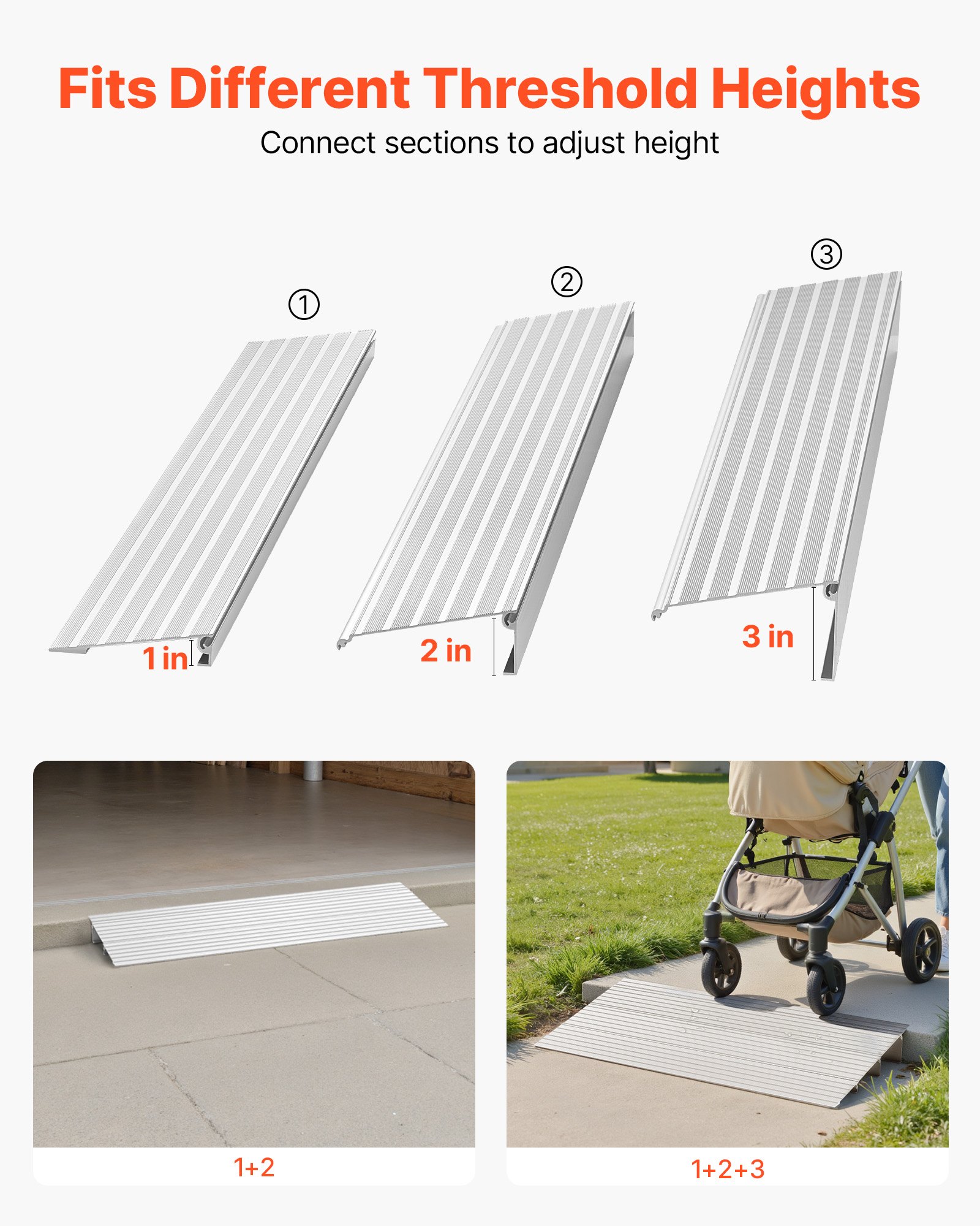 VEVOR Door Threshold Ramp, 3 inch Rise, Aluminum Alloy Threshold Ramp Rated 800 lbs Load Capacity, Handicap Ramps for Home Steps for Wheelchair, Scooters, Power Chairs, Walkers, Bicycle, Tricycle