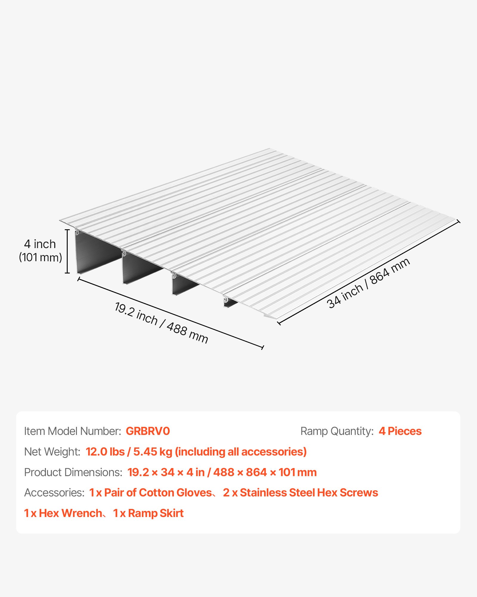 VEVOR Door Threshold Ramp, 4 inch Rise, Aluminum Alloy Threshold Ramp Rated 800 lbs Load Capacity, Handicap Ramps for Home Steps for Wheelchair, Scooters, Power Chairs, Walkers, Bicycle, Tricycle