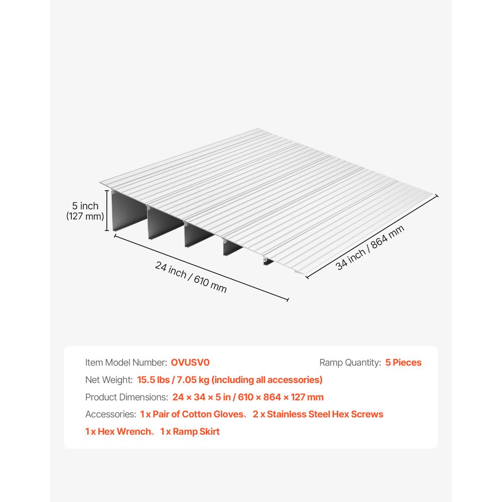 VEVOR Door Threshold Ramp, 5 inch Rise, Aluminum Alloy Threshold Ramp Rated 800 lbs Load Capacity, Handicap Ramps for Home Steps for Wheelchair, Scooters, Power Chairs, Walkers, Bicycle, Tricycle