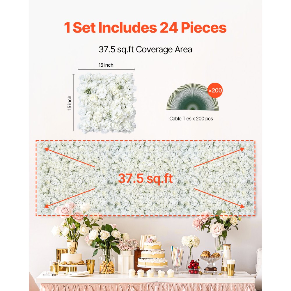 VEVOR 3D Flower Wall Panel, 24 PCS 380 x 380 mm, Artificial Floral Wall Background Mesh Backing Mat,Seamless Design&Easy Installation for Wedding Valentines Day Home Baby Party Backdrop Decor,White