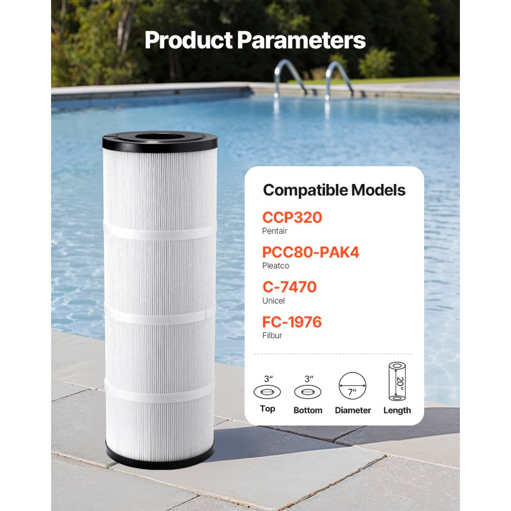 VEVOR Pool Filter Cartridge, 4x 80 Sq. Ft, Spa Hot Tub Filter Cartridge Replacement, Compatible with Pentair CCP320, Pleatco PCC80-PAK4, Secure for Kids & Pet, Easy to Clean