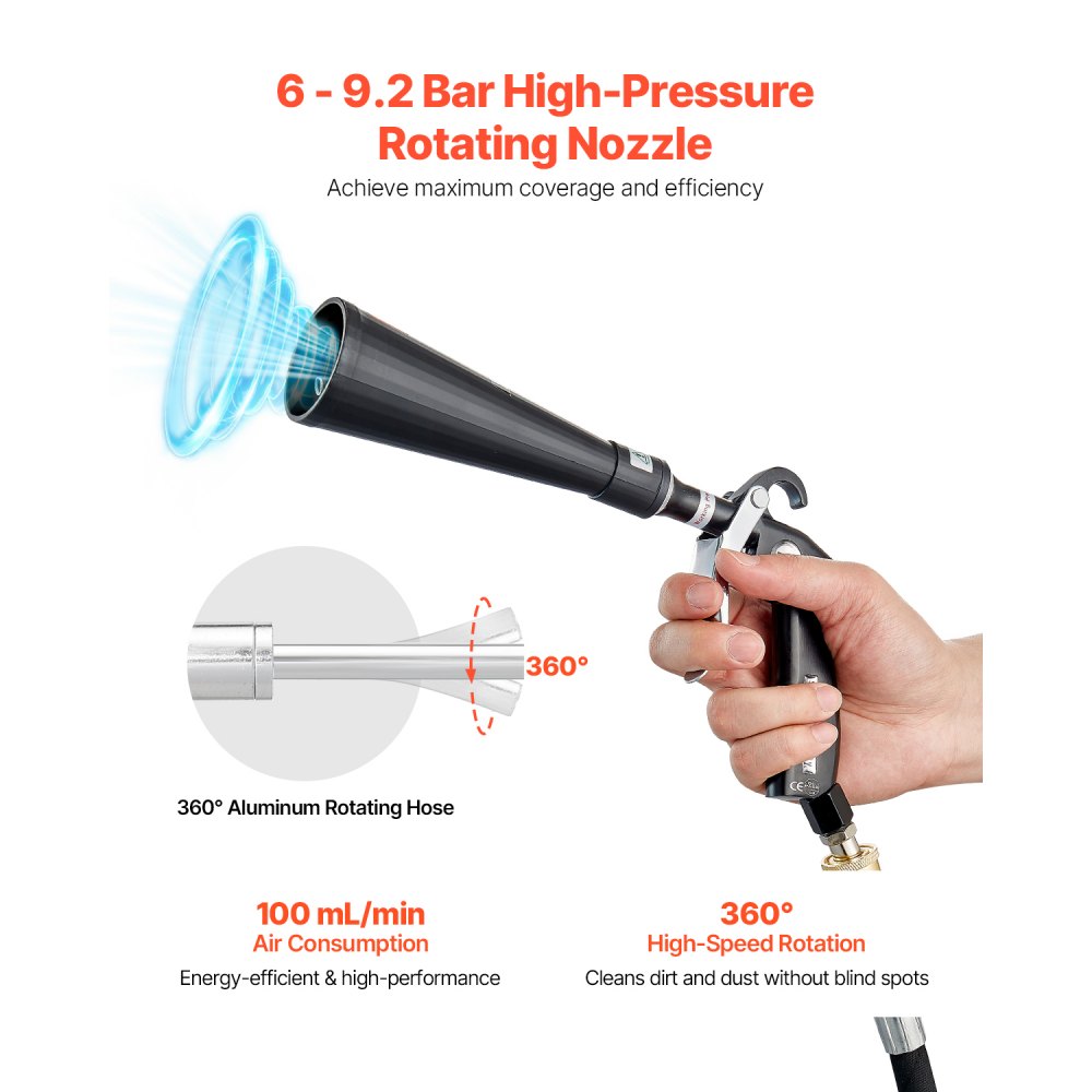VEVOR Car Cleaning Gun, 6-9.2 Bar High-Pressure Air Blow Gun with 2 Set Nozzles, 360° Rotating Nozzle for Complete Cleaning, Quickly Blasts Dirt and Dust from Surface, Work with 1/4 NPT Air Compressor
