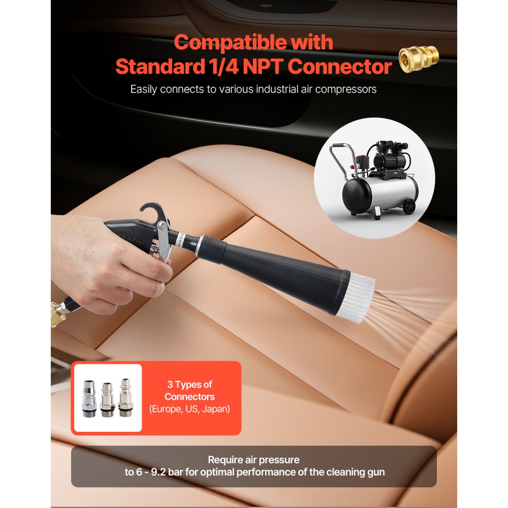 VEVOR Car Cleaning Gun, 6-9.2 Bar High-Pressure Air Blow Gun with 2 Set Nozzles, 360° Rotating Nozzle for Complete Cleaning, Quickly Blasts Dirt and Dust from Surface, Work with 1/4 NPT Air Compressor