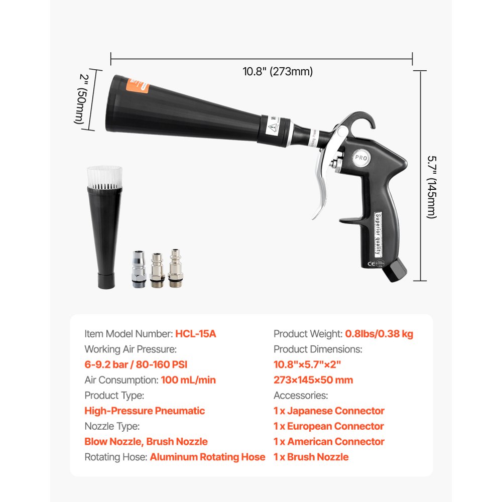 VEVOR Car Cleaning Gun, 6-9.2 Bar High-Pressure Air Blow Gun with 2 Set Nozzles, 360° Rotating Nozzle for Complete Cleaning, Quickly Blasts Dirt and Dust from Surface, Work with 1/4 NPT Air Compressor