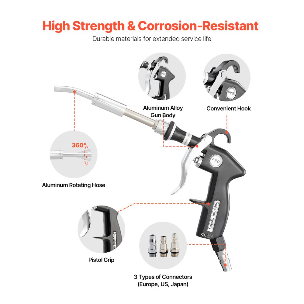 VEVOR Car Cleaning Gun, 6-9.2 Bar High-Pressure Air Blow Gun with 2 Set Nozzles, 360° Rotating Nozzle for Complete Cleaning, Quickly Blasts Dirt and Dust from Surface, Work with 1/4 NPT Air Compressor