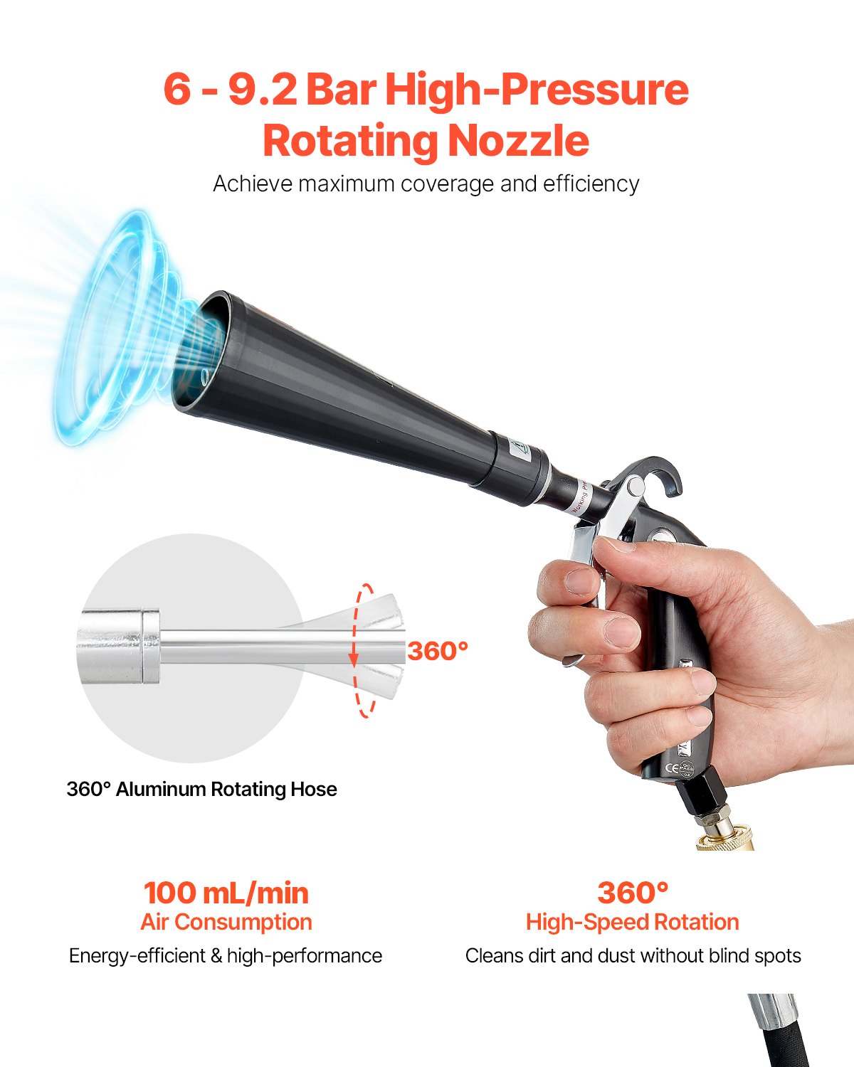 VEVOR Car Cleaning Gun, 6-9.2 Bar High-Pressure Air Blow Gun with 2 Set Nozzles, 360° Rotating Nozzle for Complete Cleaning, Quickly Blasts Dirt and Dust from Surface, Work with 1/4 NPT Air Compressor