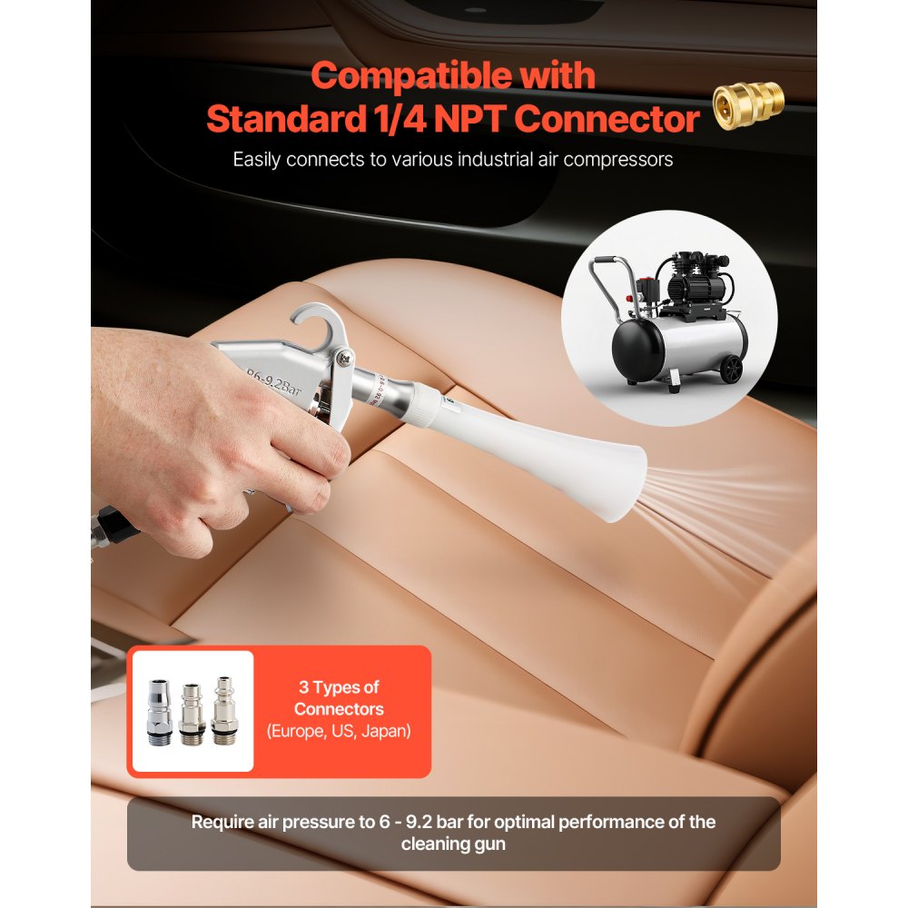 VEVOR Car Cleaning Gun, 6-9.2 Bar High-Pressure Air Blow Gun with 2 Set Nozzles, 360° Rotating Nozzle for Thorough Cleaning, Quickly Blasts Dirt and Dust from Surface, Work with 1/4 NPT Air Compressor