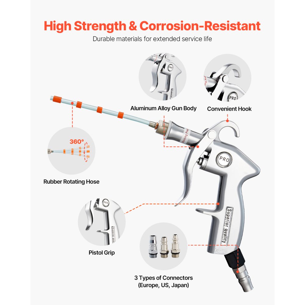 VEVOR Car Cleaning Gun, 6-9.2 Bar High-Pressure Air Blow Gun with 2 Set Nozzles, 360° Rotating Nozzle for Thorough Cleaning, Quickly Blasts Dirt and Dust from Surface, Work with 1/4 NPT Air Compressor