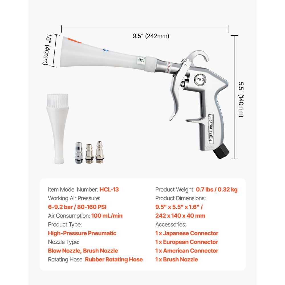 VEVOR Car Cleaning Gun, 6-9.2 Bar High-Pressure Air Blow Gun with 2 Set Nozzles, 360° Rotating Nozzle for Thorough Cleaning, Quickly Blasts Dirt and Dust from Surface, Work with 1/4 NPT Air Compressor