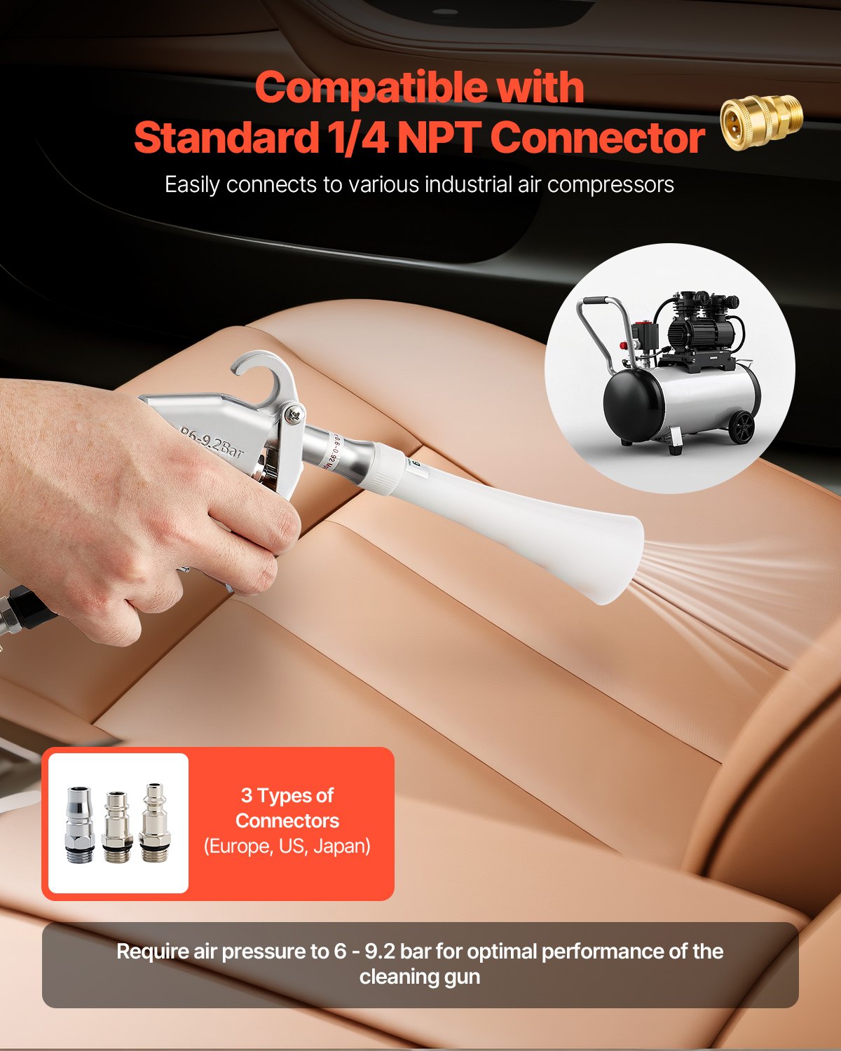 VEVOR Car Cleaning Gun, 6-9.2 Bar High-Pressure Air Blow Gun with 2 Set Nozzles, 360° Rotating Nozzle for Thorough Cleaning, Quickly Blasts Dirt and Dust from Surface, Work with 1/4 NPT Air Compressor