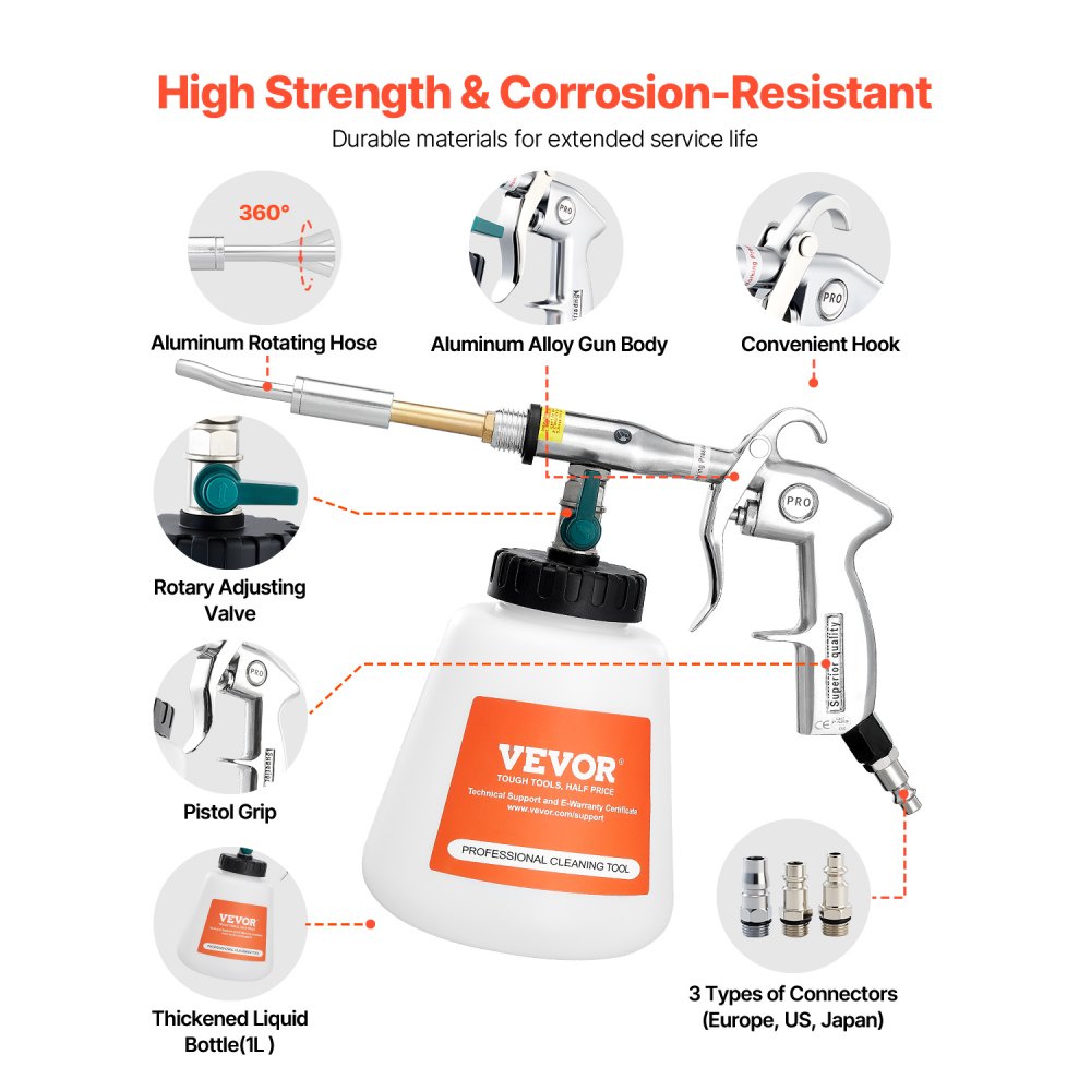 VEVOR Car Cleaning Gun, 6-9.2 Bar High-Pressure Air Blow Gun with 2 Set Nozzles & 1L Liquid Bottle, Vortex Cleaning Gun, Quickly Blasts Dirt and Dust from Surface, Suitable for 1/4 NPT Air Compressor