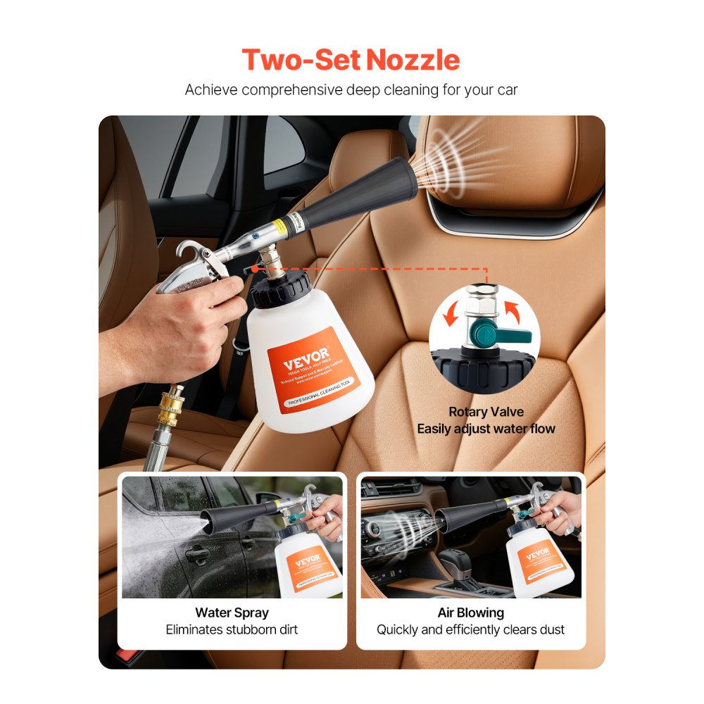 VEVOR Car Cleaning Gun, 6-9.2 Bar High-Pressure Air Blow Gun with 2 Set Nozzles & 1L Liquid Bottle, Vortex Cleaning Gun, Quickly Blasts Dirt and Dust from Surface, Suitable for 1/4 NPT Air Compressor