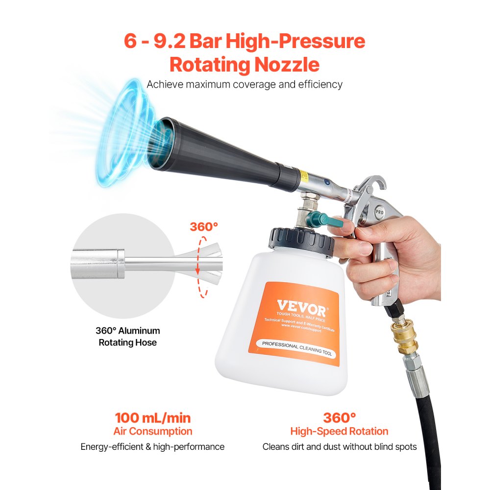 VEVOR Car Cleaning Gun, 6-9.2 Bar High-Pressure Air Blow Gun with 2 Set Nozzles & 1L Liquid Bottle, Vortex Cleaning Gun, Quickly Blasts Dirt and Dust from Surface, Suitable for 1/4 NPT Air Compressor