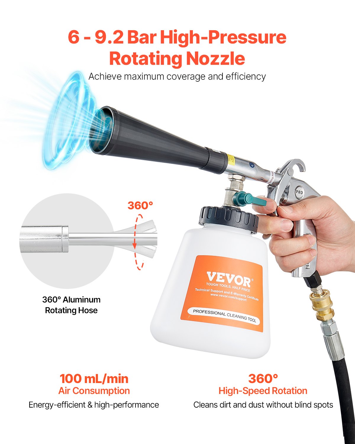 VEVOR Car Cleaning Gun, 6-9.2 Bar High-Pressure Air Blow Gun with 2 Set Nozzles & 1L Liquid Bottle, Vortex Cleaning Gun, Quickly Blasts Dirt and Dust from Surface, Suitable for 1/4 NPT Air Compressor