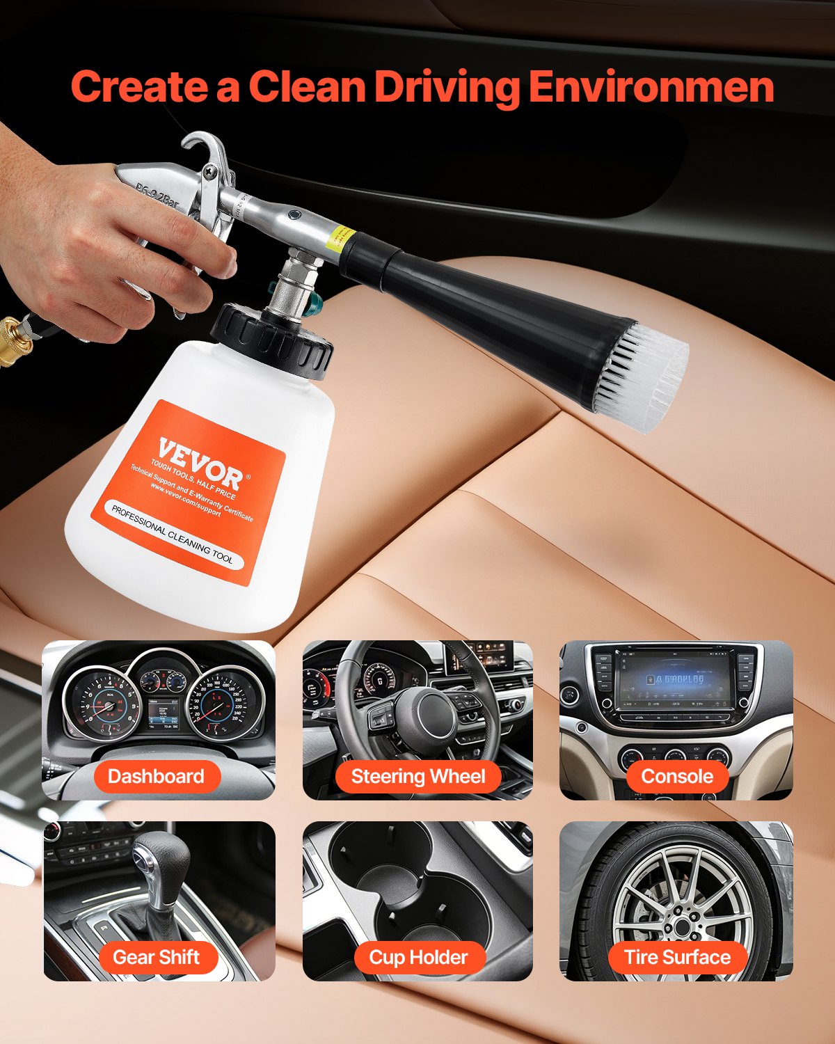 VEVOR Car Cleaning Gun, 6-9.2 Bar High-Pressure Air Blow Gun with 2 Set Nozzles & 1L Liquid Bottle, Vortex Cleaning Gun, Quickly Blasts Dirt and Dust from Surface, Suitable for 1/4 NPT Air Compressor