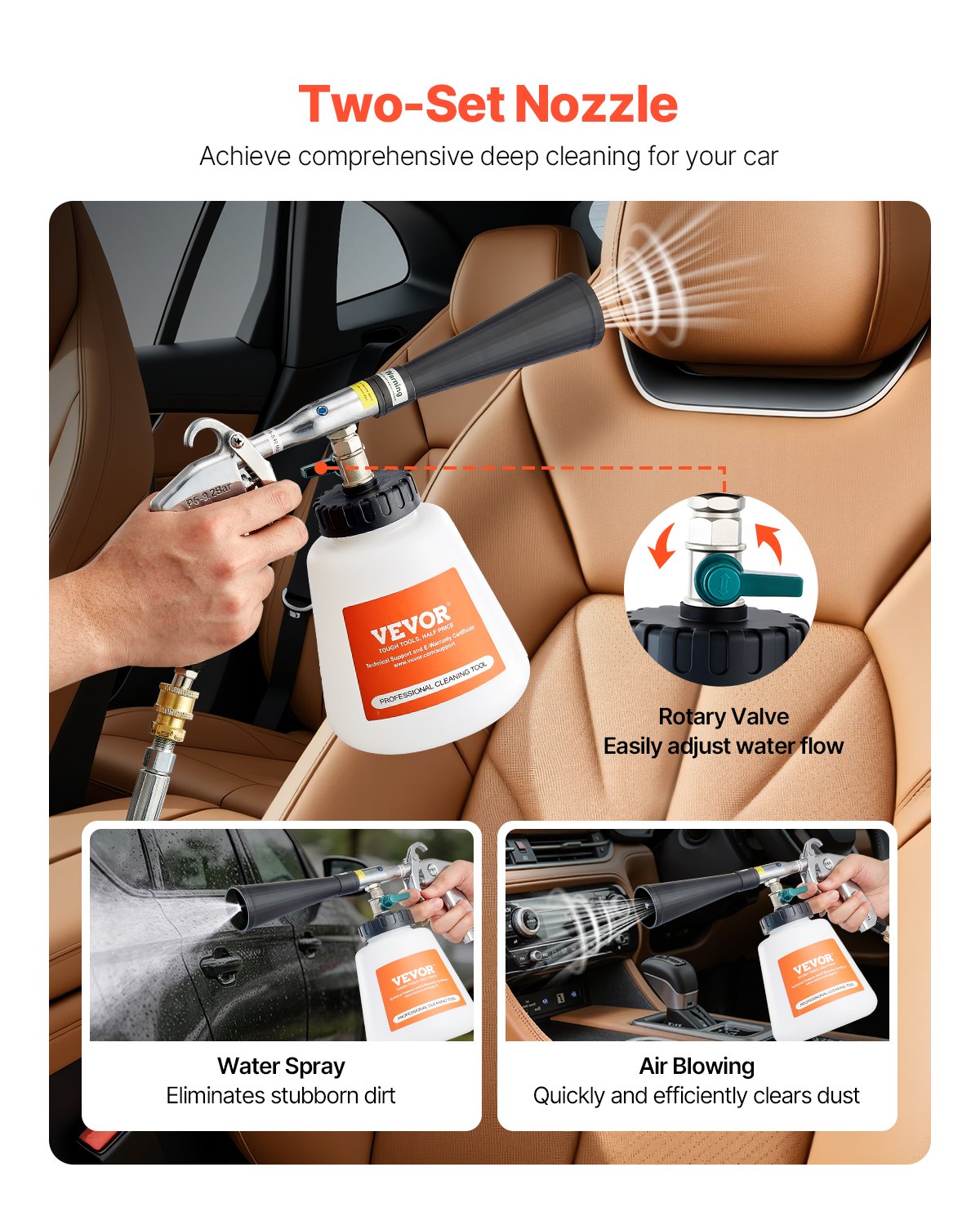 VEVOR Car Cleaning Gun, 6-9.2 Bar High-Pressure Air Blow Gun with 2 Set Nozzles & 1L Liquid Bottle, Vortex Cleaning Gun, Quickly Blasts Dirt and Dust from Surface, Suitable for 1/4 NPT Air Compressor