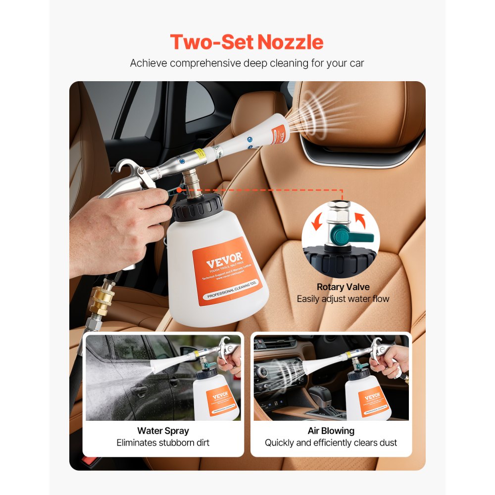 VEVOR Car Cleaning Gun, 6-9.2 Bar High-Pressure Air Blow Gun with 2 Set Nozzles & 1L Liquid Bottle, Vortex Cleaning Gun, Quickly Blasts Dirt and Dust from Surface, Work with 1/4 NPT Air Compressor