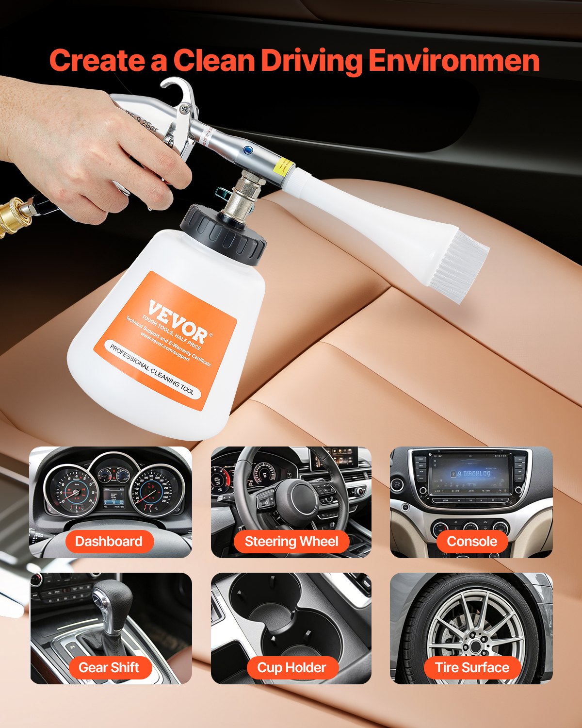 VEVOR Car Cleaning Gun, 6-9.2 Bar High-Pressure Air Blow Gun with 2 Set Nozzles & 1L Liquid Bottle, Vortex Cleaning Gun, Quickly Blasts Dirt and Dust from Surface, Work with 1/4 NPT Air Compressor