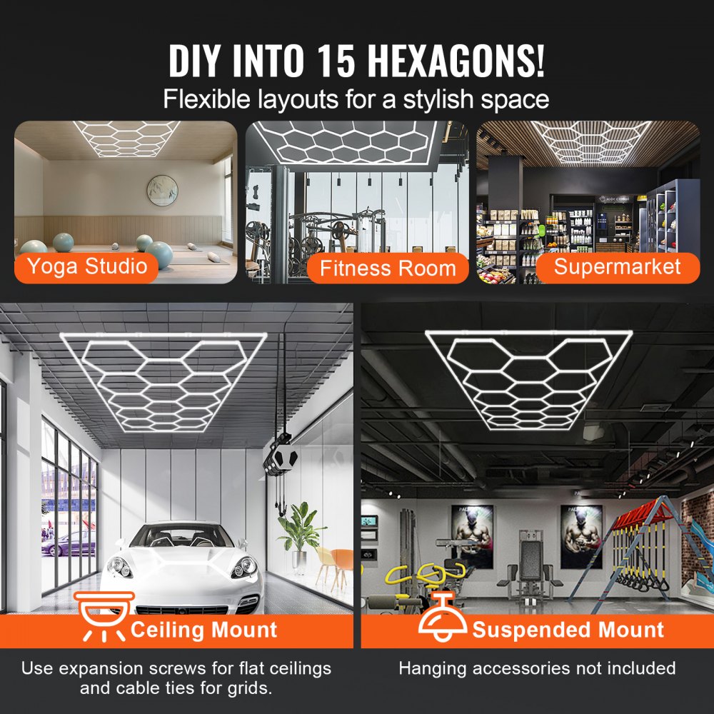 VEVOR Hexagon Garage Lights, 66300LM, 6500K 15 Grid Systems Honeycomb Hexagonal Garage LED Lights, DIY Cool White Car Detailing Garage Ceiling Lighting Bright Shop Light for Gym Basement Workshop