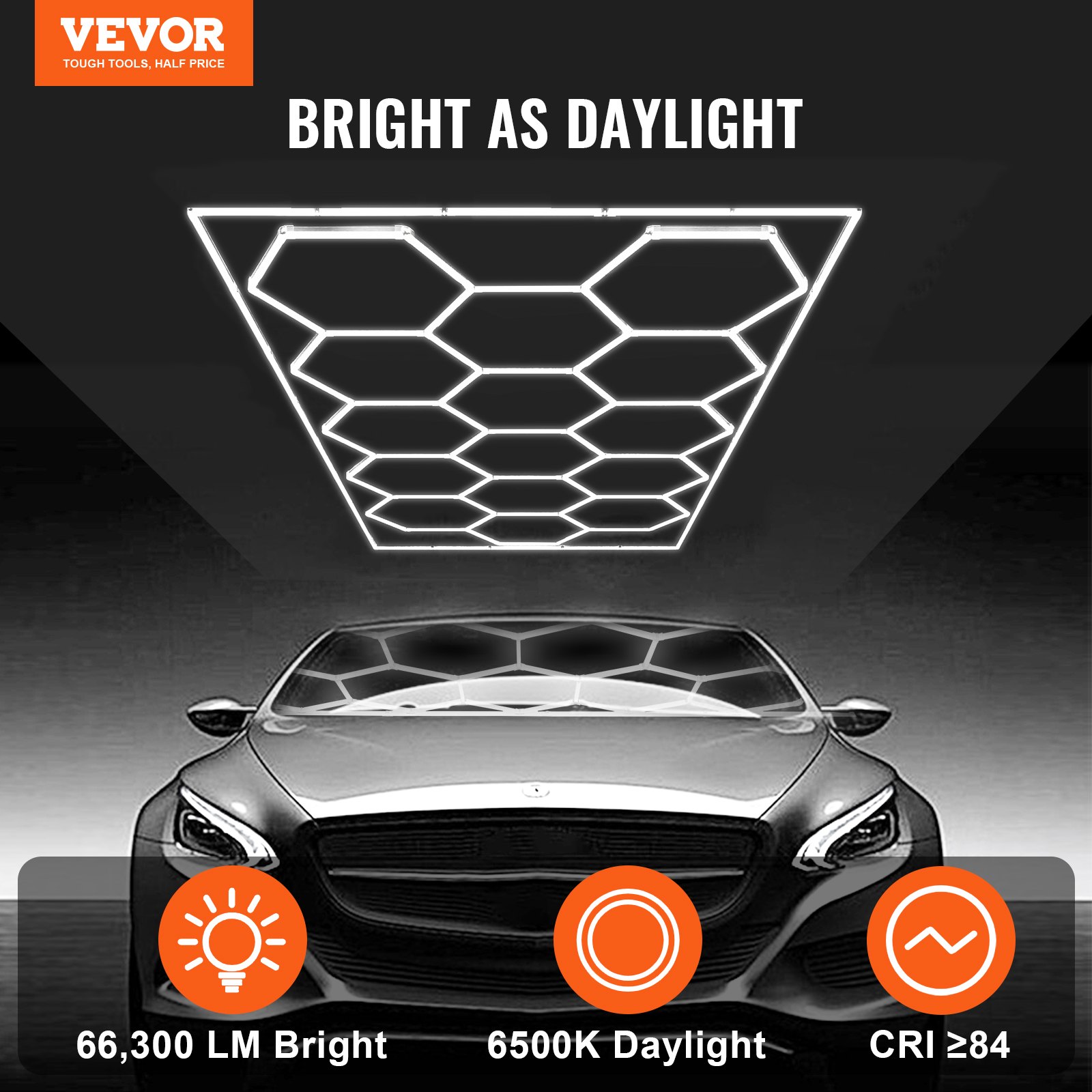 VEVOR Hexagon Garage Lights, 66300LM, 6500K 15 Grid Systems Honeycomb Hexagonal Garage LED Lights, DIY Cool White Car Detailing Garage Ceiling Lighting Bright Shop Light for Gym Basement Workshop