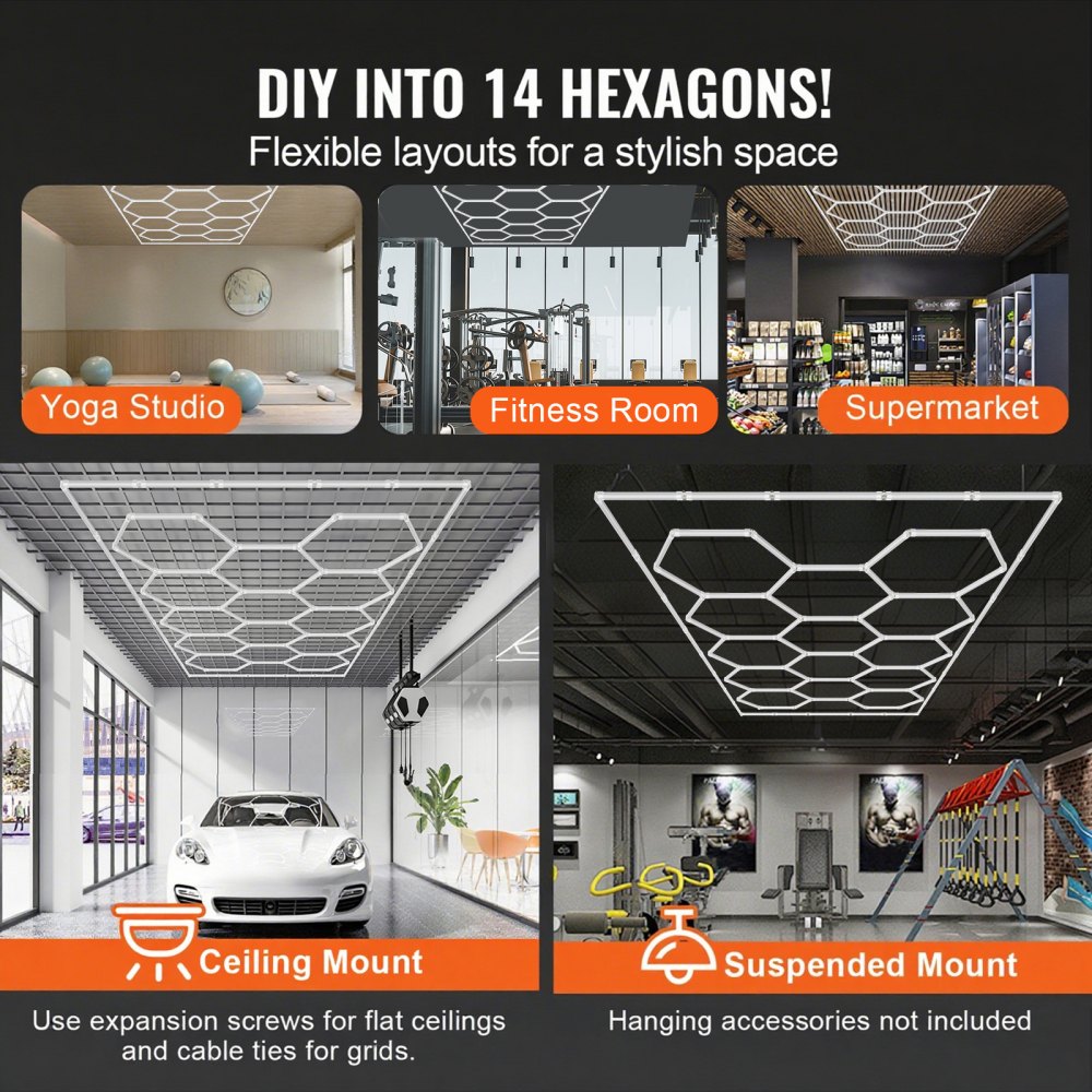VEVOR Hexagon Garage Lights, 86400LM, 6500K 14 Grid Systems Honeycomb Hexagonal Garage LED Lights, DIY Cool White Car Detailing Garage Ceiling Lighting Bright Shop Light for Gym Basement Workshop