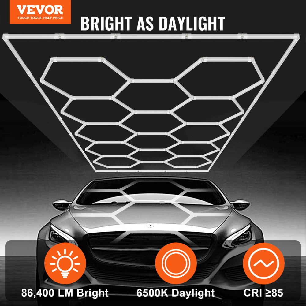 VEVOR Hexagon Garage Lights, 86400LM, 6500K 14 Grid Systems Honeycomb Hexagonal Garage LED Lights, DIY Cool White Car Detailing Garage Ceiling Lighting Bright Shop Light for Gym Basement Workshop