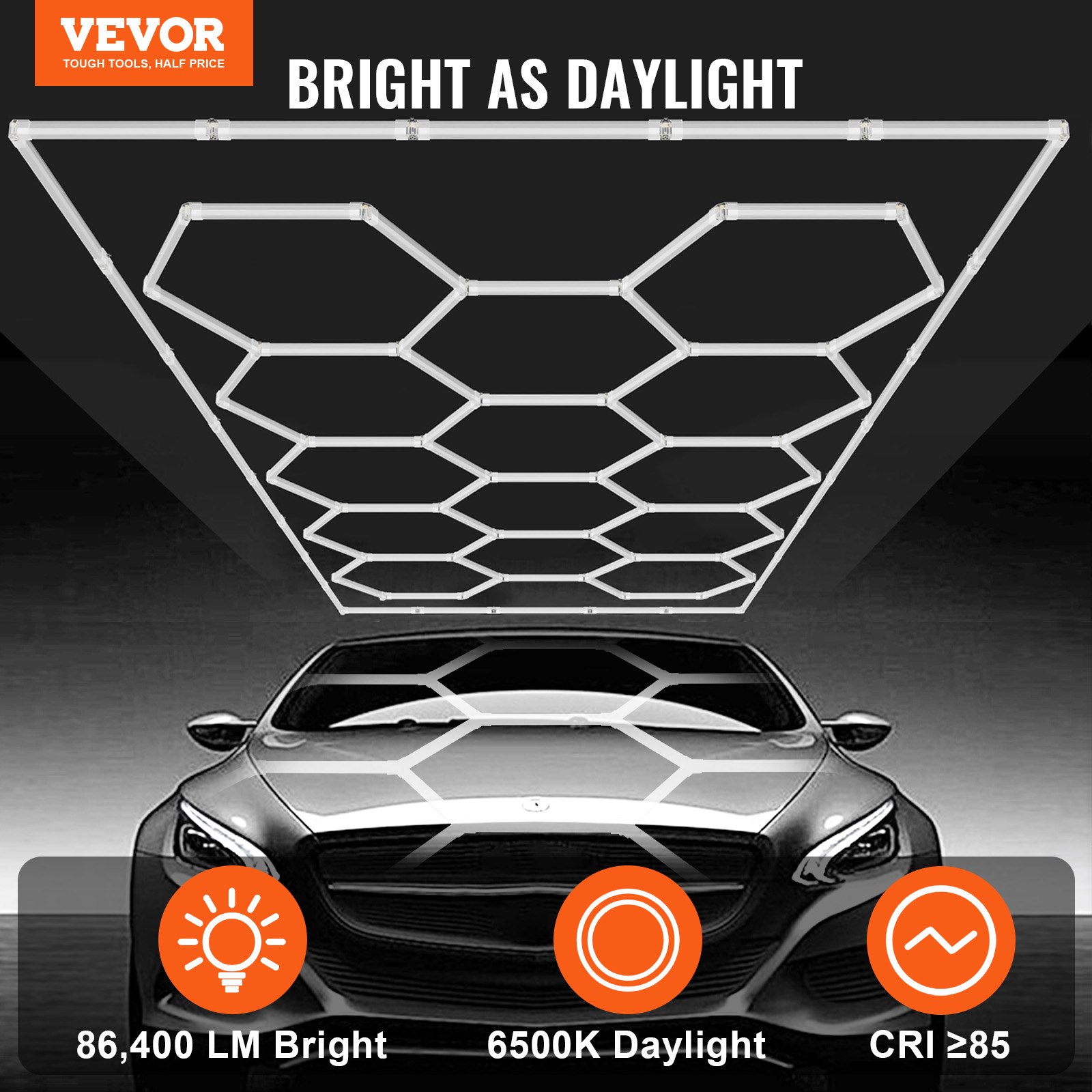 VEVOR Hexagon Garage Lights, 86400LM, 6500K 14 Grid Systems Honeycomb Hexagonal Garage LED Lights, DIY Cool White Car Detailing Garage Ceiling Lighting Bright Shop Light for Gym Basement Workshop